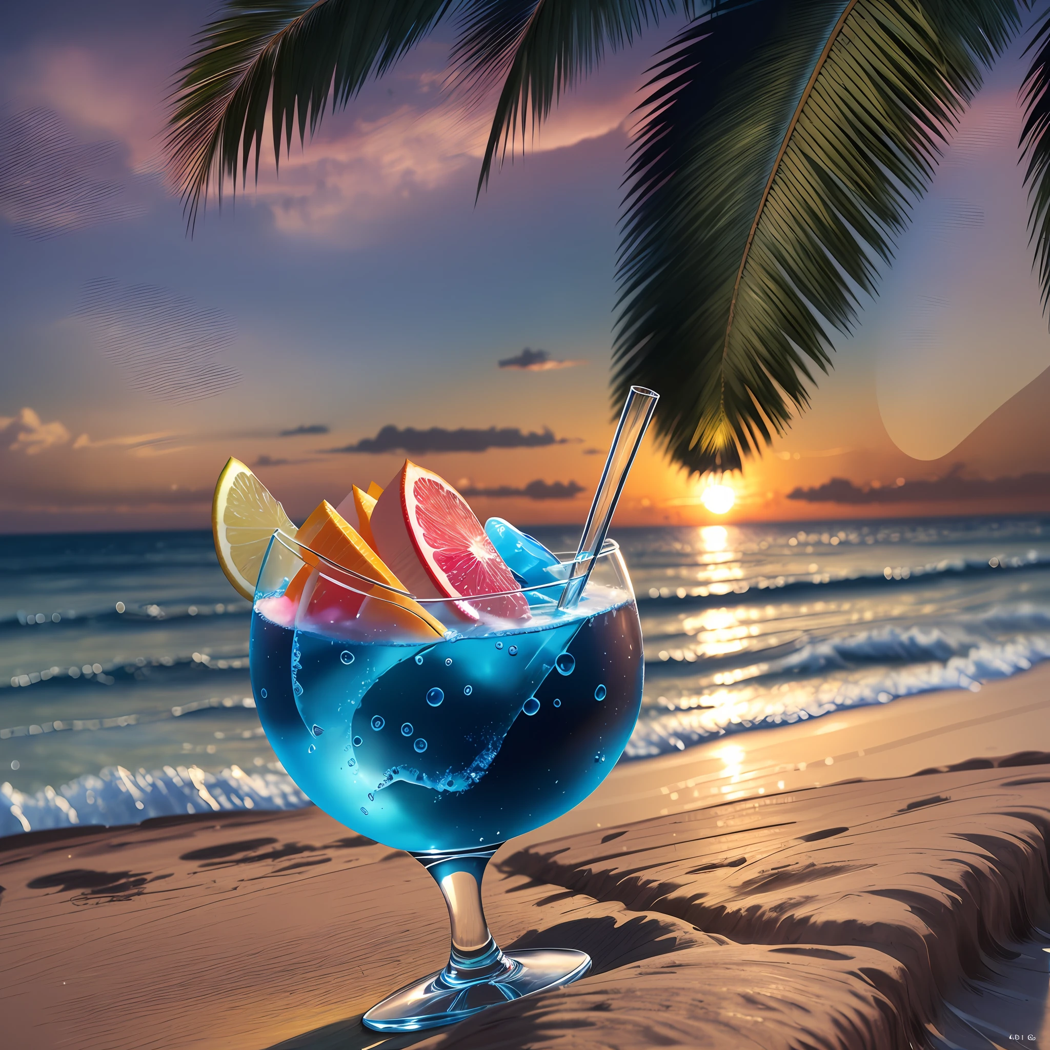 there is a glass of blue liquid with fruit on the beach, colorful coctail, photorealistic illustration, ultra realistic 3d illustration, stylized digital illustration, realistic illustration, stunning digital illustration, ultra realistic illustration, rendered illustration, ultra detailed illustration, beautiful digital artwork, high detailed illustration, ultrarealistic illustration, by Aleksander Kotsis, highly detailed illustration.”