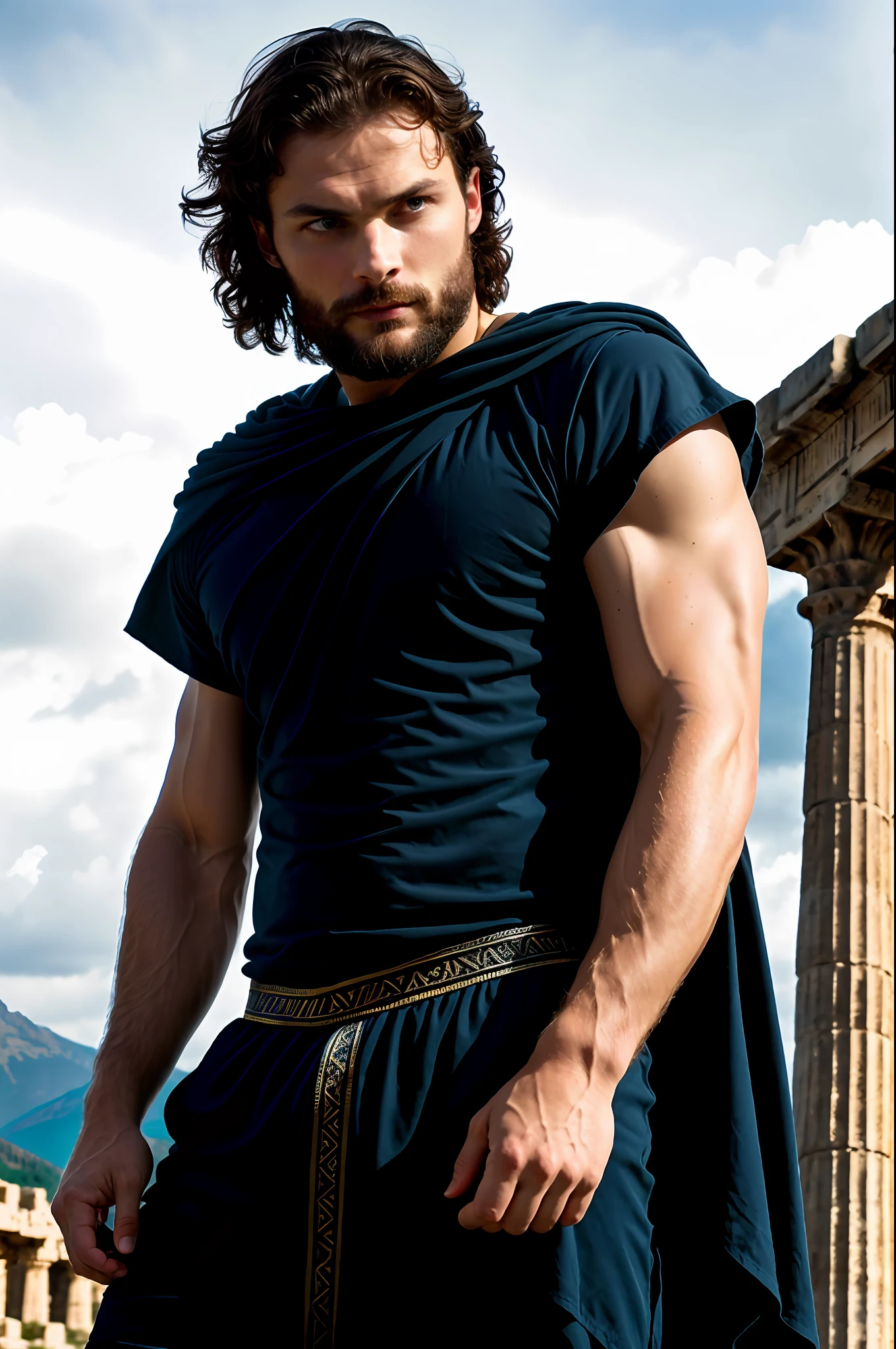 create God Zeus), with blue thunder eyes, wearing a God's tunic, strong and muscular, Jamie Dornan, (Moreno with model face), wearing dark beard, dark short hair, man similar to actor jamie dornan, (high quality and realistic image), Greek temple background, cinematic style, ((Best quality, 8k, Masterpiece).