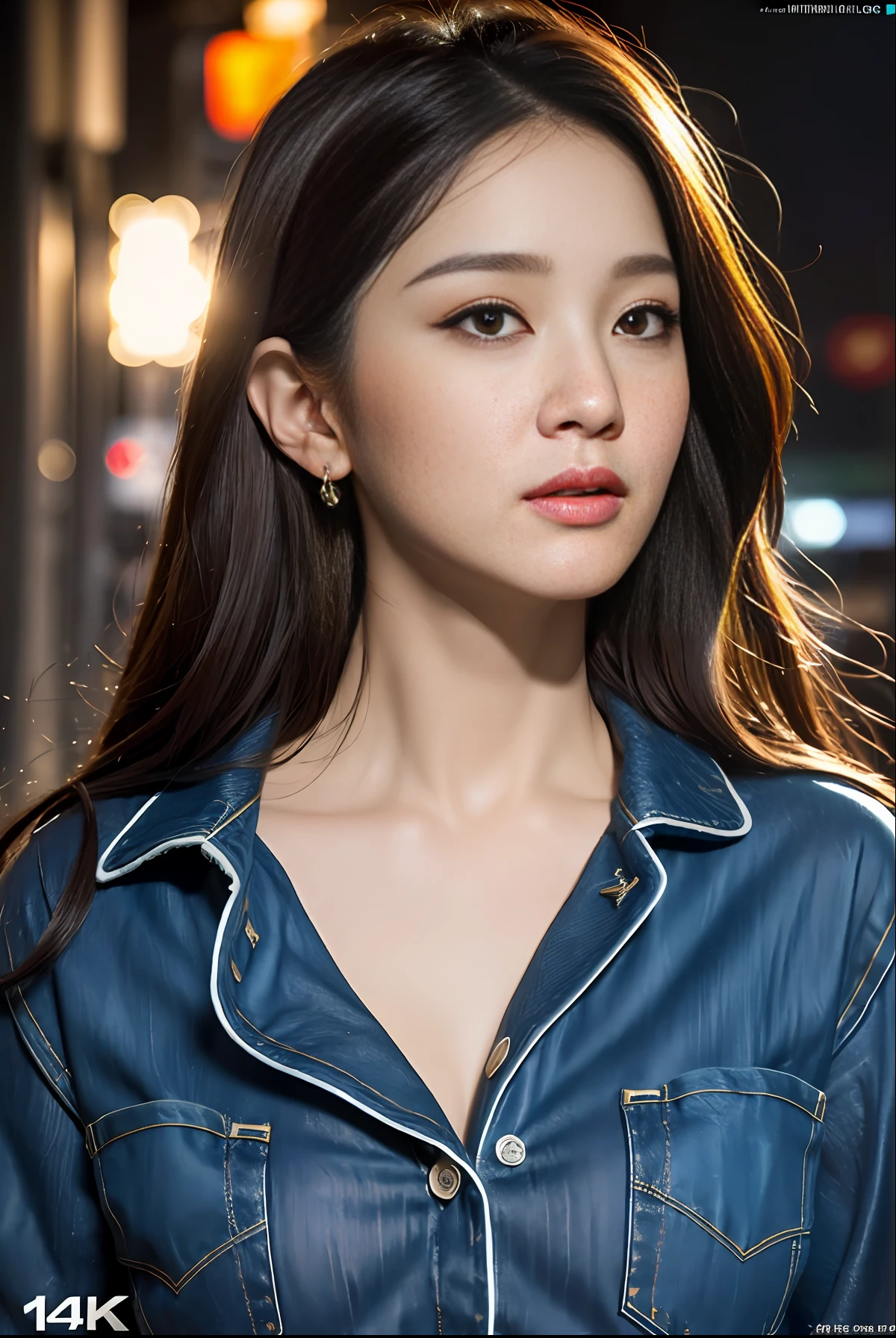 masterpiece, (front focus), surrealist female portrait, fantasy art, realism, dynamic lighting, art station, poster, volumetric lighting, highly detailed face, black and fluffy eyes, 4K, award-winning, 1 girl, understated, denim lens, (official attire: 1.4,white lace pajamas), street light, dark brown hair,
