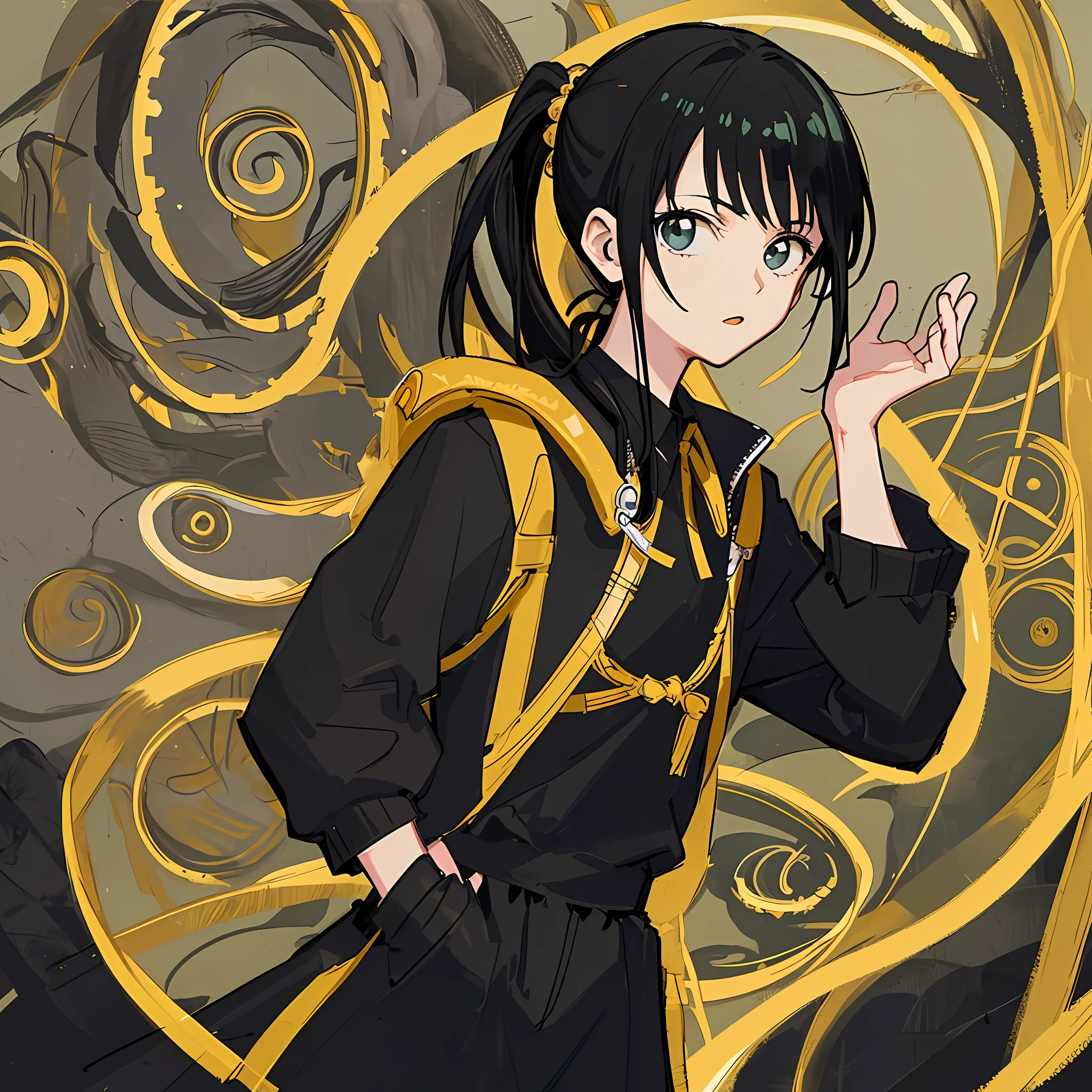 (Masterpiece), (Best Quality), (Super Detail),(Illustration), 1 Woman, Black Hair, Ponytail Hair, Black Clothing, by Yoshihiro Togashi, Manipulating blackShadows.