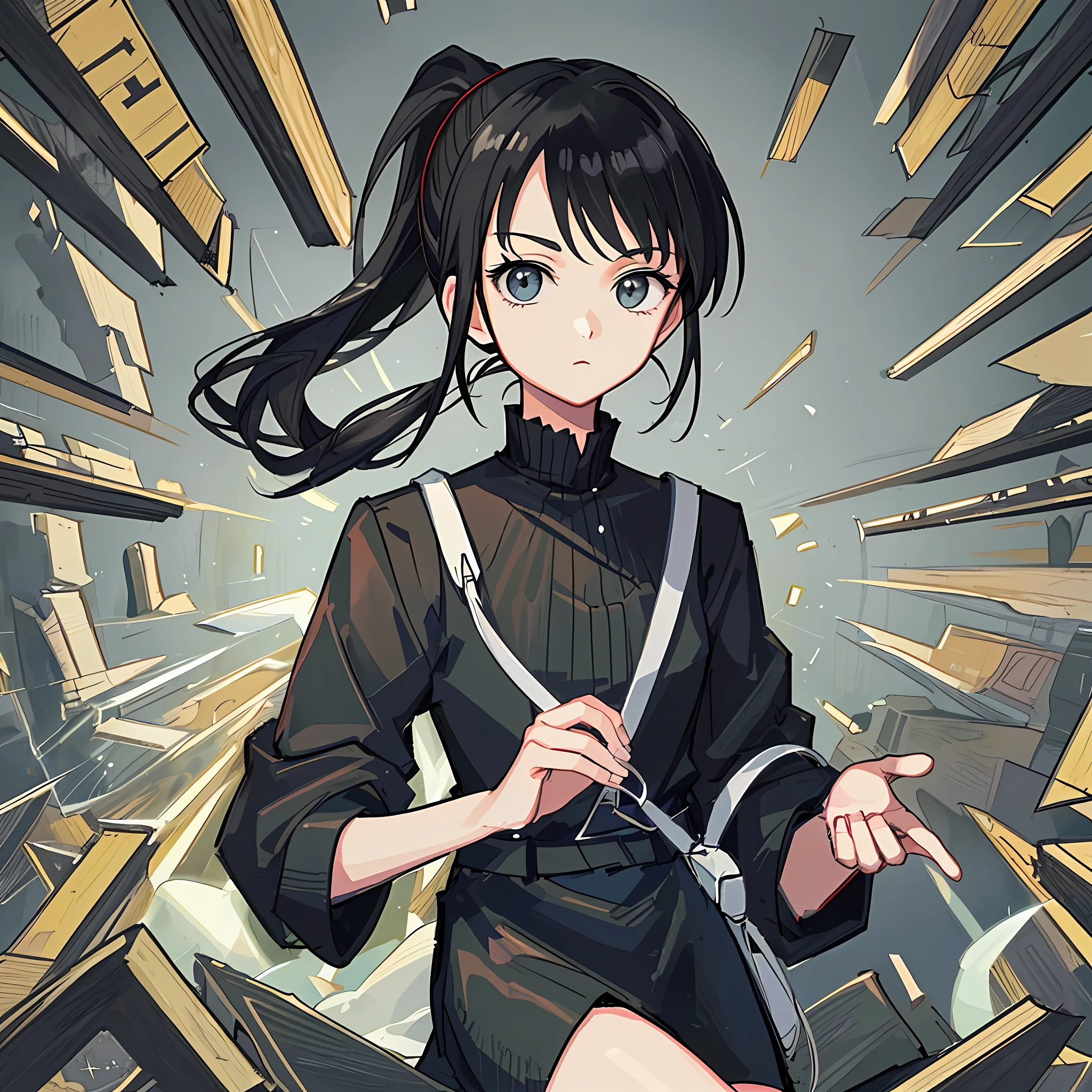 (Masterpiece), (Best Quality), (Super Detail),(Illustration), 1 Woman, Black Hair, Ponytail Hair, Black Clothing, by Yoshihiro Togashi, Manipulating blackShadows.