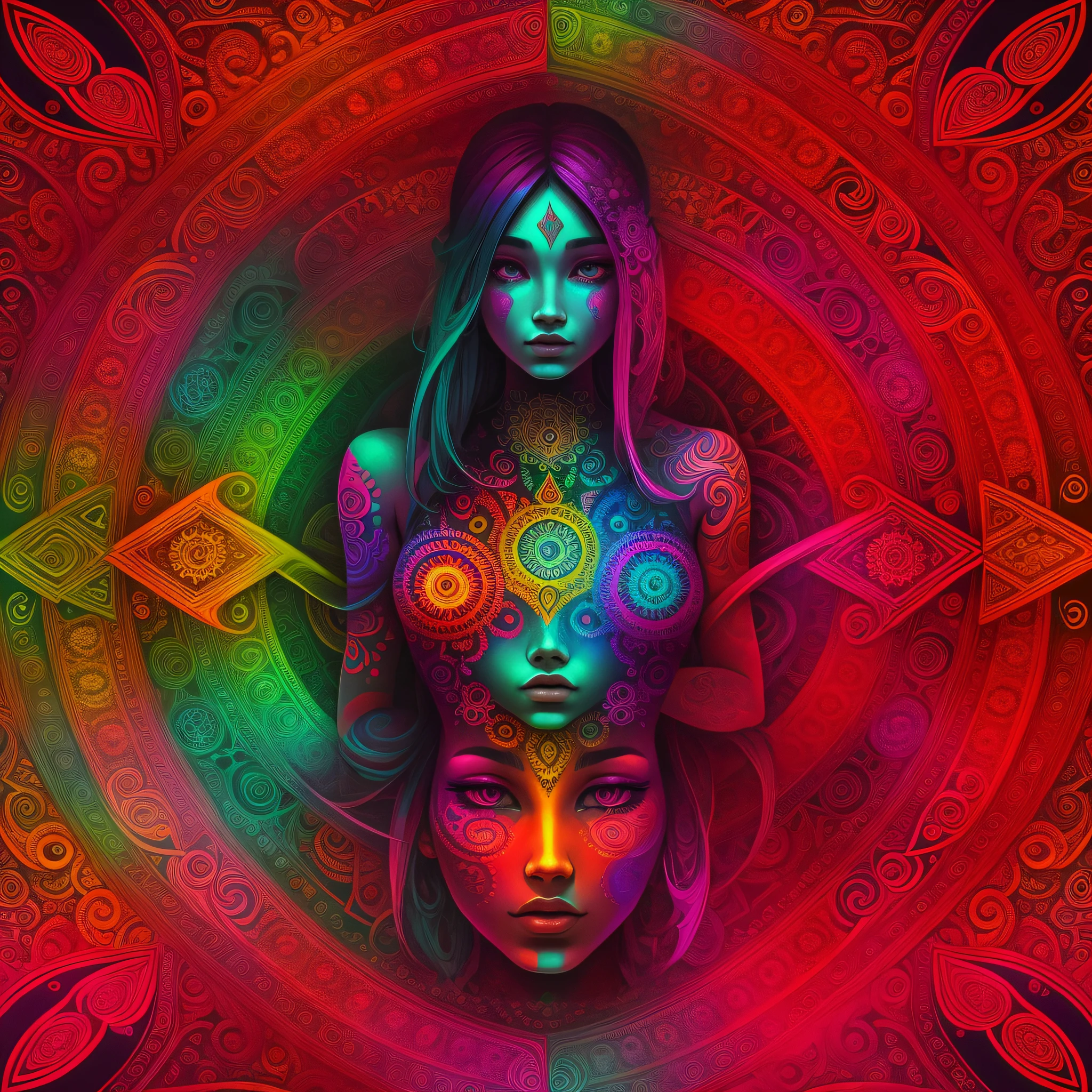 open-legged woman, saturated colors, psychedelic image, LSD, mandala, fractral, fantasy, tattoo, painted body --auto --s2