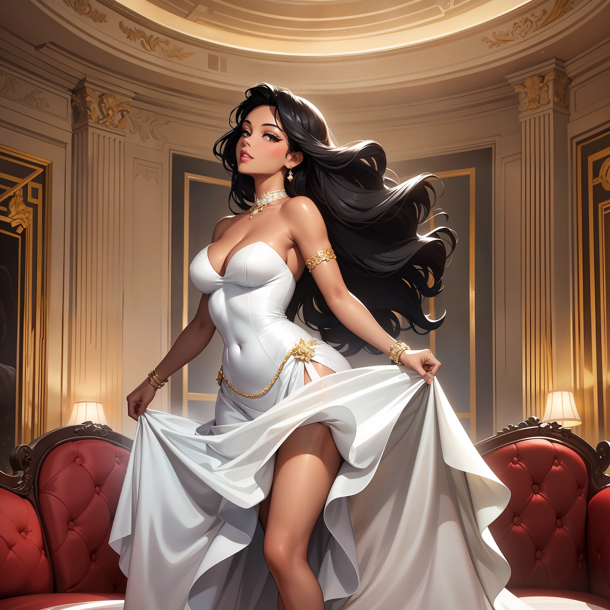 In the image, a dark-skinned, exuberant woman stands out, evoking the iconic presence of Marilyn Monroe. Her whole body is in focus, capturing the graceful curvature of her shapes. The woman possesses a mesmerizing beauty, with delicate and expressive features. His face is a reflection of timeless elegance, with bright eyes that radiate confidence and a radiant smile that illuminates the image. Her full lips are painted a vibrant red, adding a touch of boldness and sophistication. Her black hair, luxurious, wavy, falls gracefully down her shoulders and flows gently around her face, framing it with a touch of glamour. The woman is dressed in an elegant classic-style dress with a generous neckline that enhances her femininity. The dress embraces her curves gracefully, accentuating her sculptural figure. The woman's posture is confident and powerful, conveying a magnetic presence. His arms are slightly raised, as if in a moment of dancing or in a gesture of charm. The pose reveals his self-confidence and irresistible charm. In the background of the image, one can perceive a luxurious setting, such as a gala environment or an illuminated stage. The atmosphere exudes an air of glamour and sophistication, while the dark-skinned woman embodies elegance and timeless beauty, reinterpreting Marilyn Monroe's iconic aura in a unique and inspiring way.
