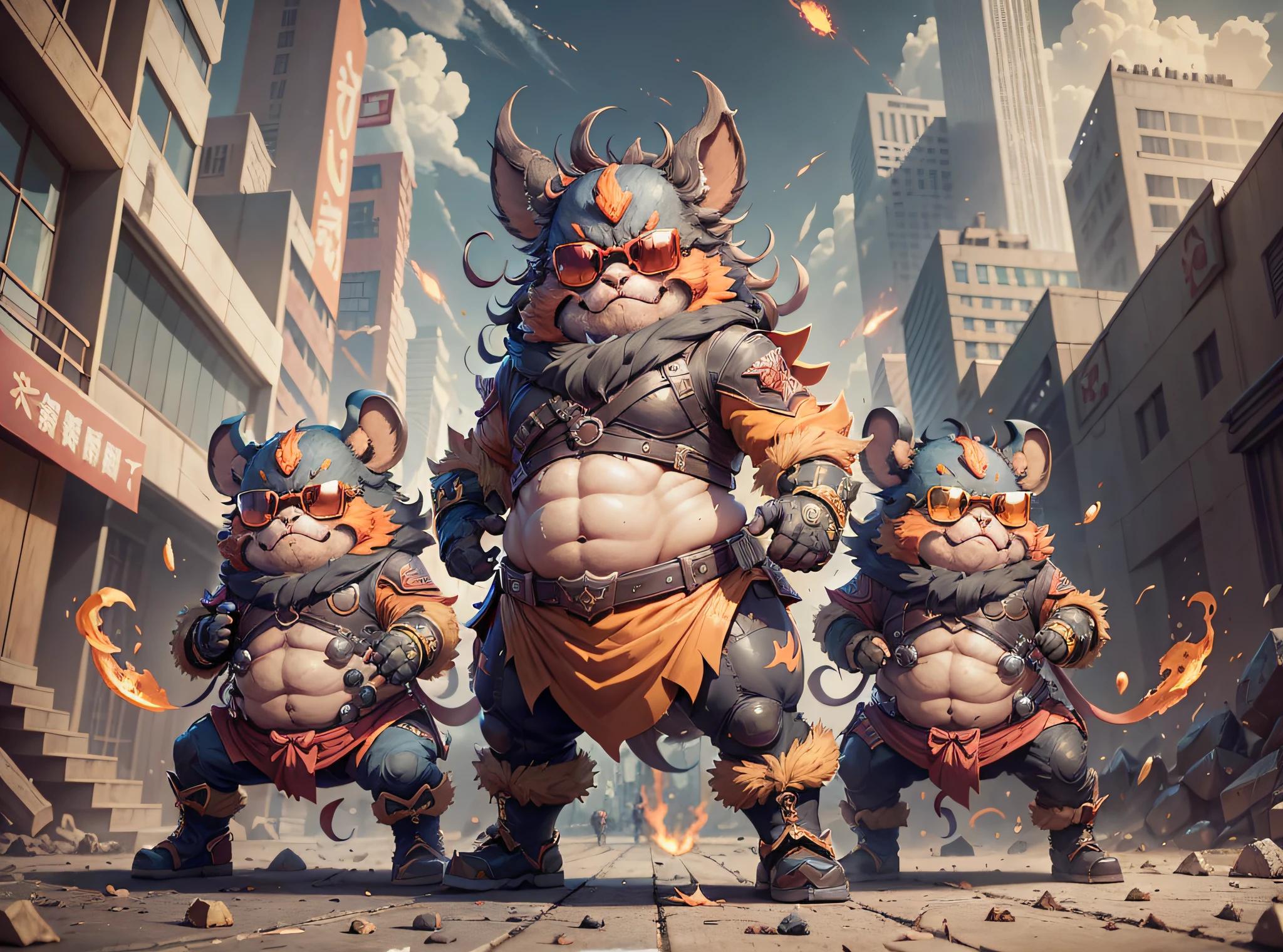 Prompt: Triple View, full body shot, game character design, BYXIAOFEIYUE, gluttonous Zhu Bajie, dark series, ferocious burst, sunglasses, orange background, multi-angle display, head-up perspective-ar 16:9-style expressiveness
