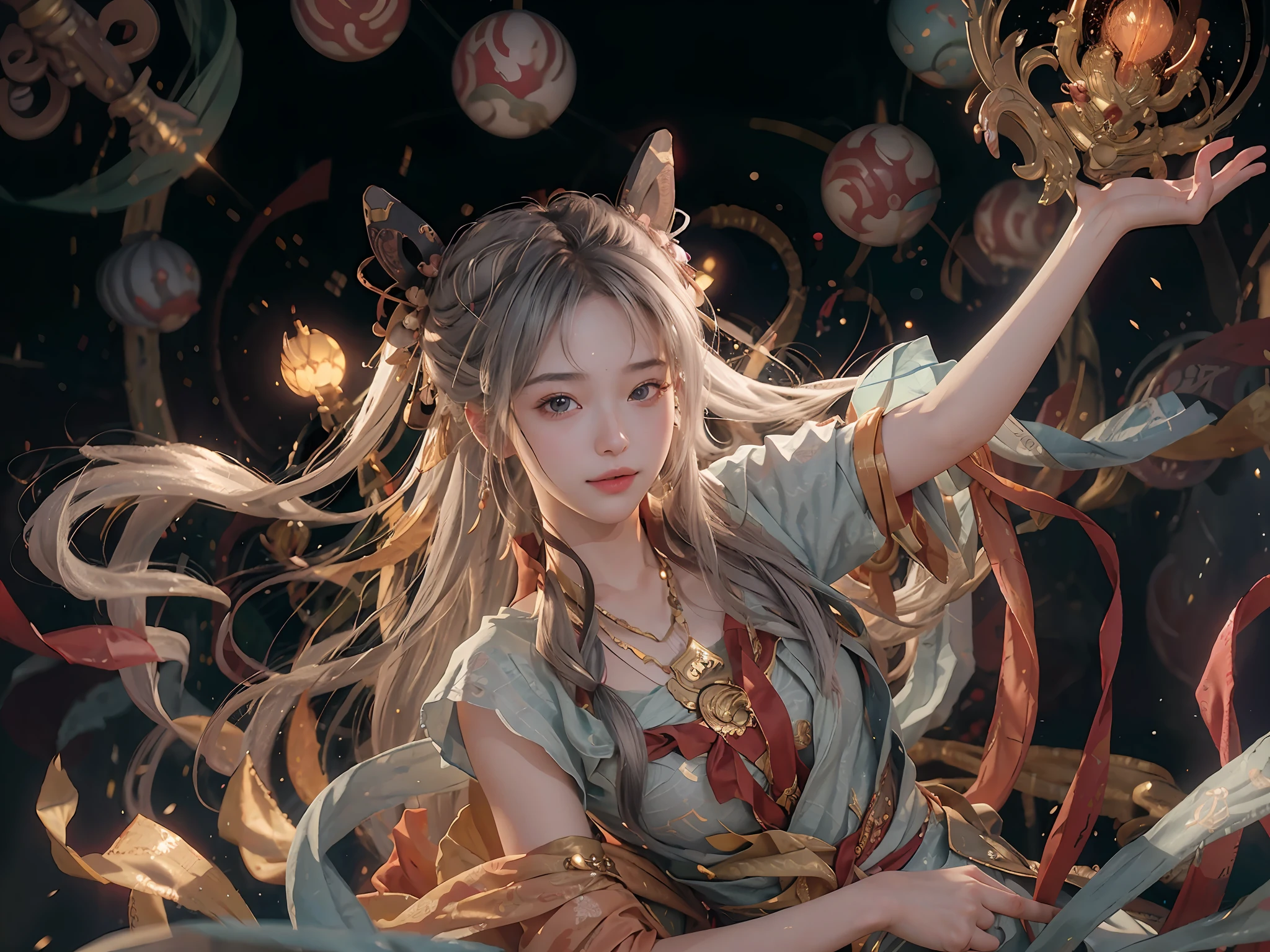 (RAW Photo, Best Quality), (Realistic, Photorealistic Real: 1.3), Best Quality, Highly Detailed, Masterpiece, Ultra Detailed, Illustration, 1 Girl, upper_body, Dynamic Angle, World Mastery Theater, messy_long_hair, Best Quality, Extremely Detailed CG Uniform 8k Wallpaper, Ink, Amazing, Sexy, Peach Blossom Eyes, Gray Hair, Smile, Movie Lights, lens_flare, dunhuang_style