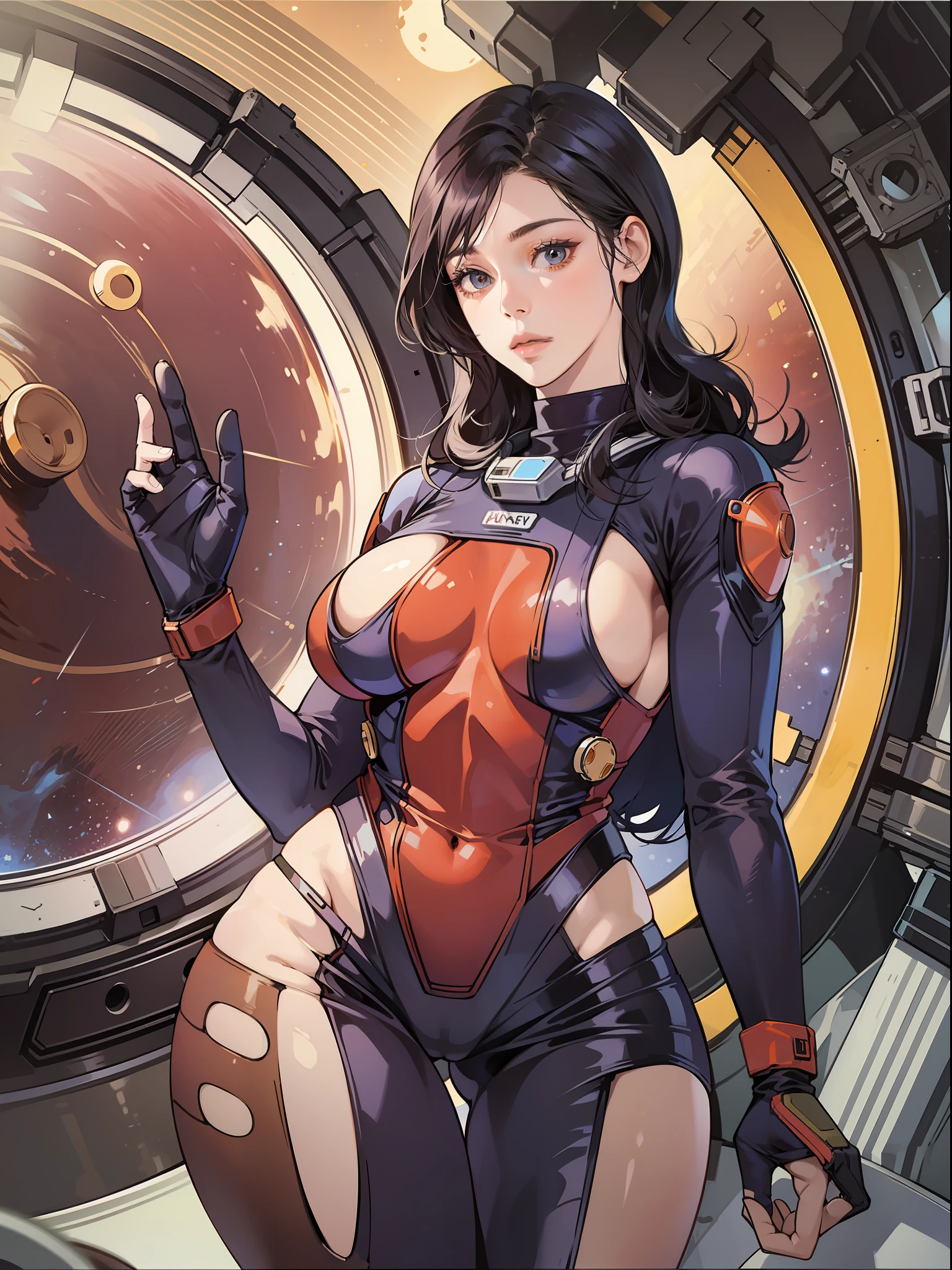 woman 40 years, astronaut, astronaut helmet, beautiful, perfect body, bluish black hair, realistic, perfect body, orange colored costume, thin waist, full outfit, wide hips, large breasts, thick thighs, mars background, futuristic city on mars, martian movie style costume, full astronaut costume, tight body suit, richness of detail, tight panties marking on the front