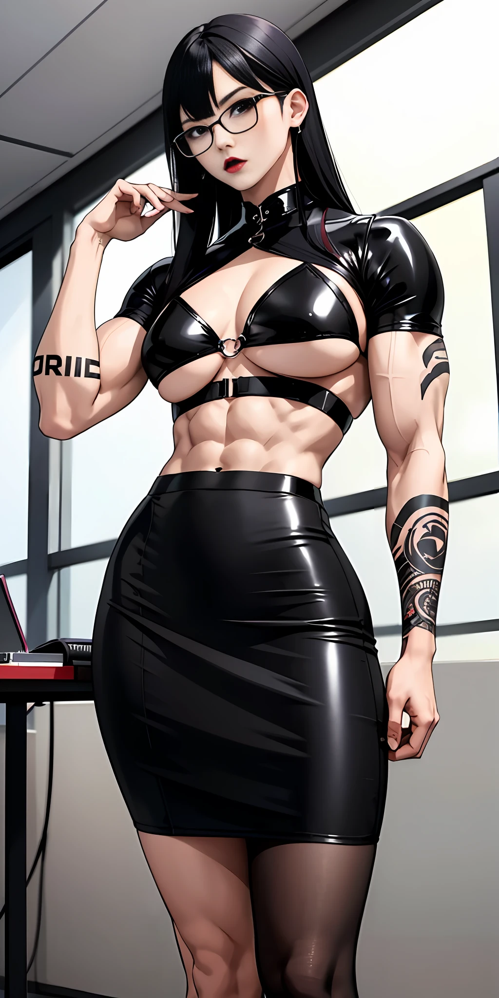 Boy, Korean, male body, adult, tattoo, lipstick, gothic, girl face, serious face, glasses, black hair (long with bangs),perfect body, fit body, thin waist, office, muscular, small female chest, black pencil skirt, dominatrix, top, pretuberance, sissy, femboy, big ass