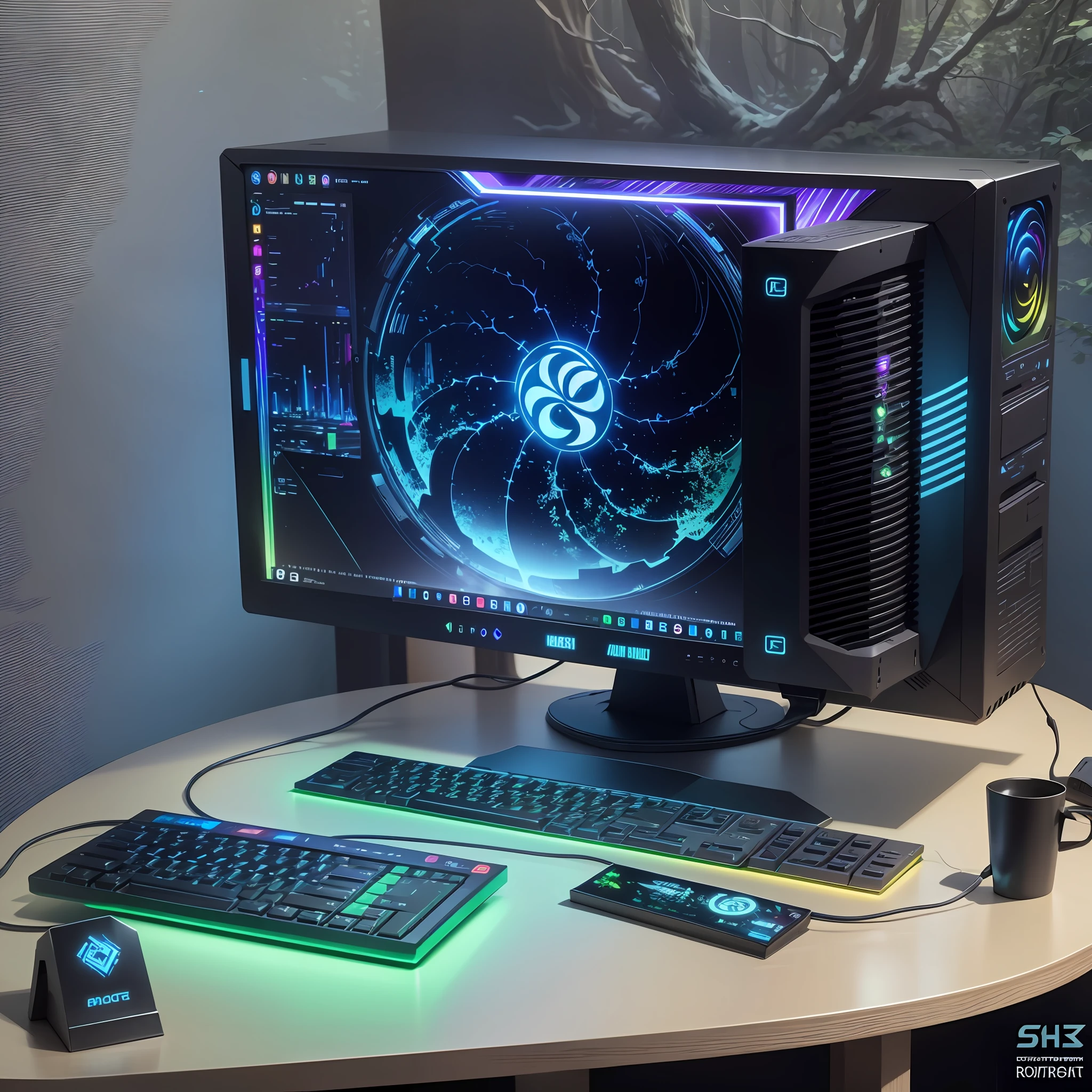 A desktop computer with RGB lighting effects, in a dark forest --auto --s2