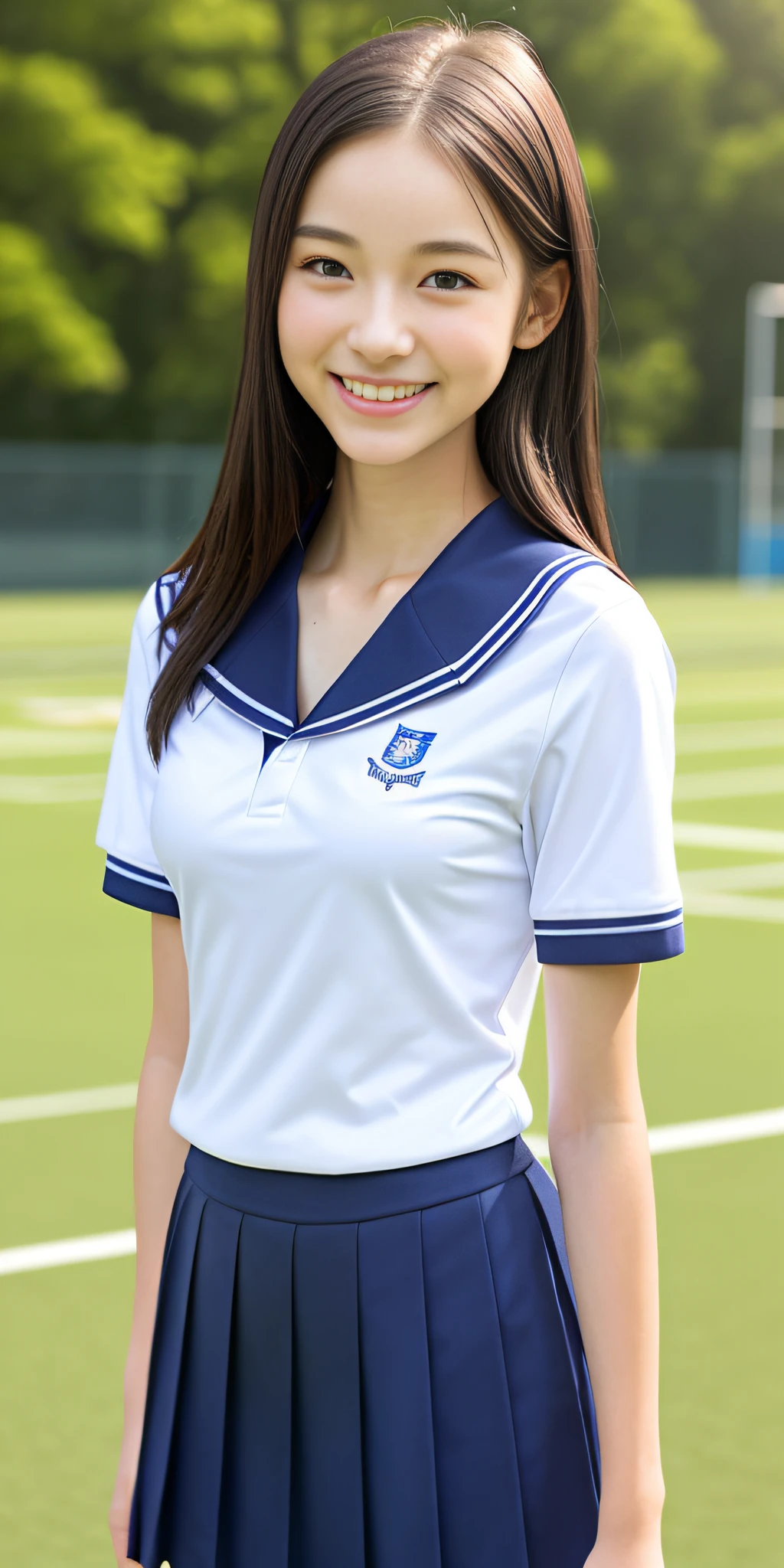 neat college girl, ite person, (school uniform, summer uniform, short sleeve), outside the athletic field, (slim), photorealistic, detail, skin texture, ultra detail, delicate and sexy collarbone, smile, super detailed face, detailed lips, detailed eyes, breast enhancement, breast small, small