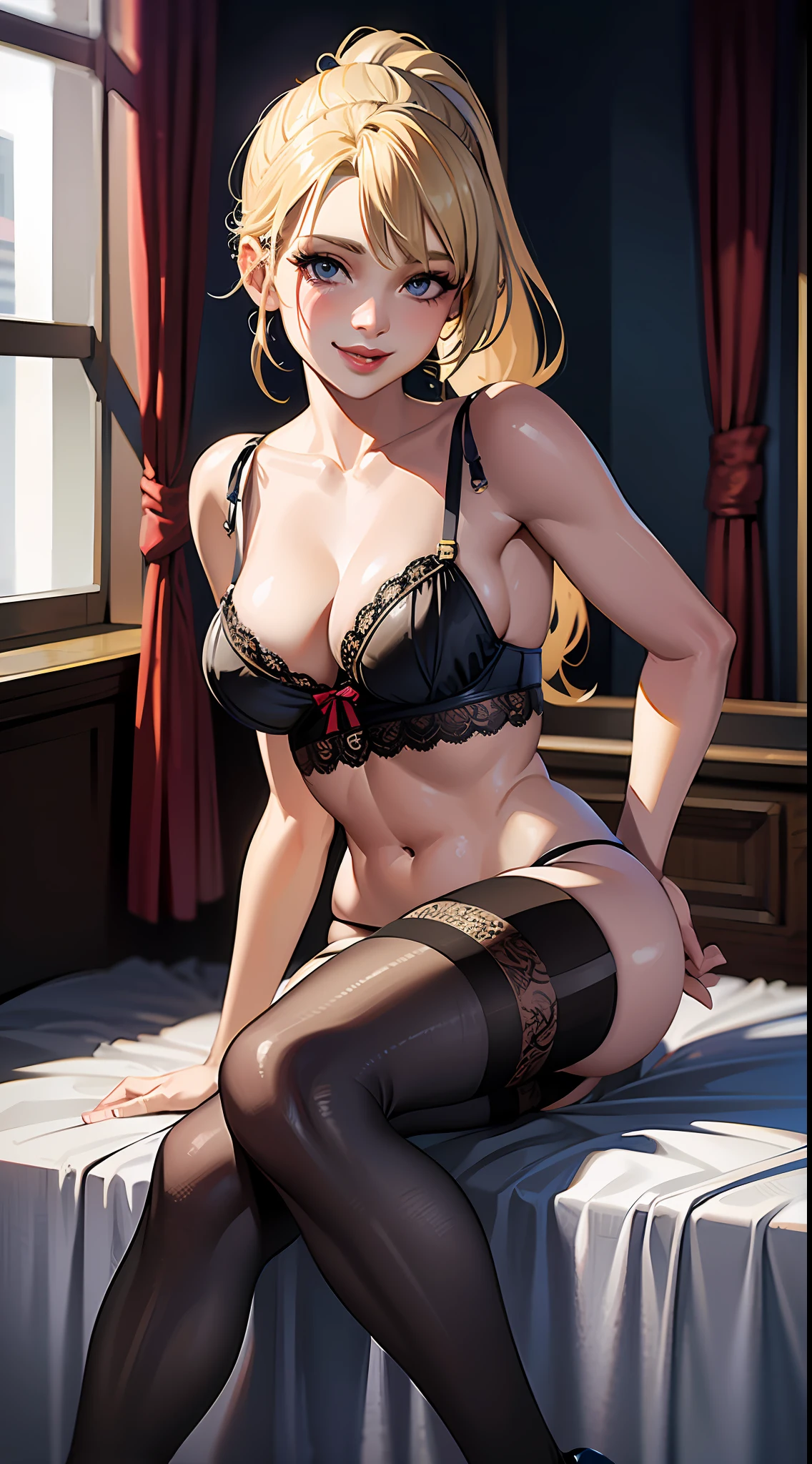 1girl, masterpiece, best quality, medium full shot, blonde ponytail, ((lingerie, stockings, sexy lips)), smiling, erotic pose, bedroom, busty