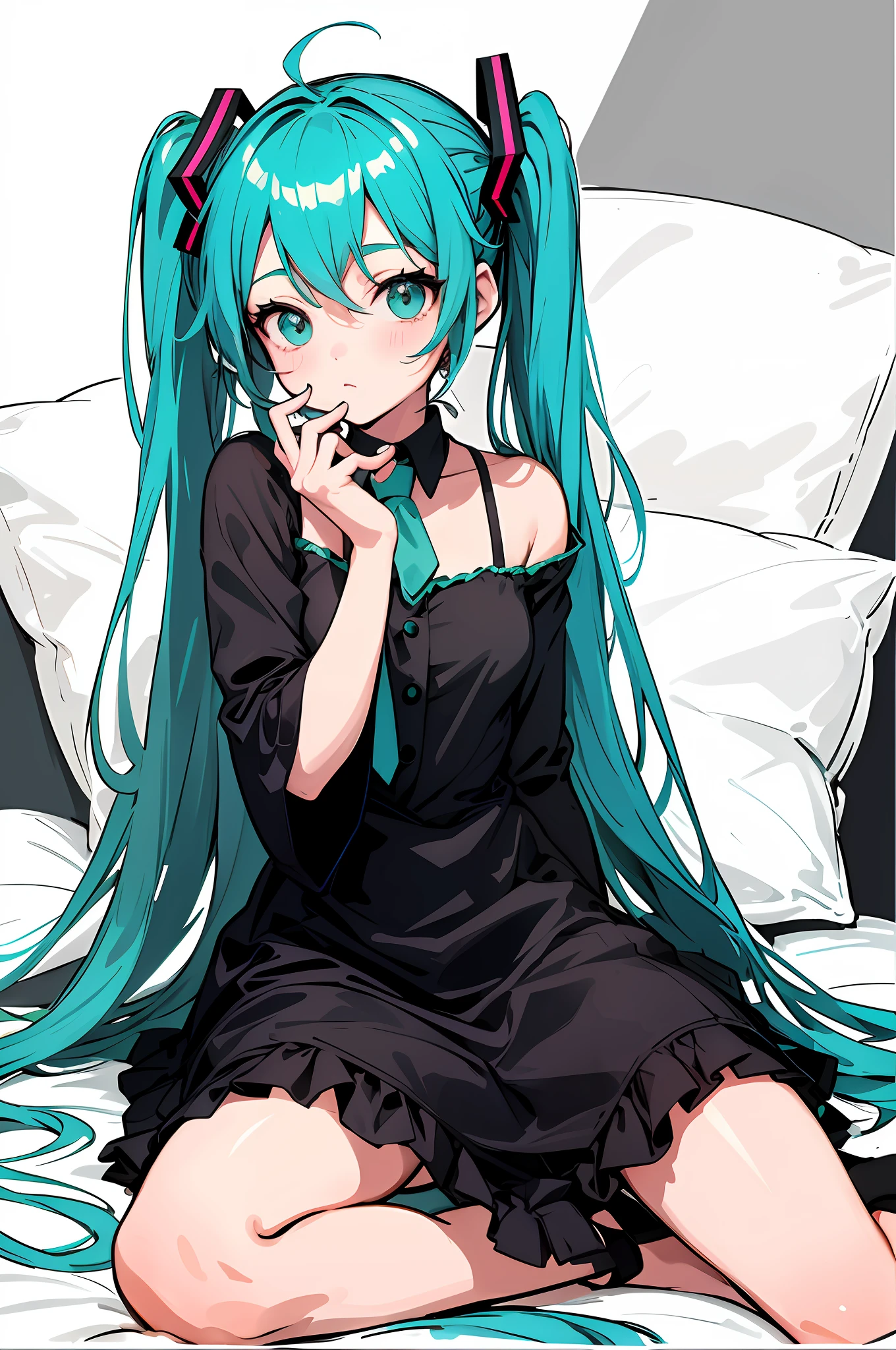 anime girl sitting on a bed with a pillow and a pillow, perfect lineart, thick black lineart, portrait of hatsune miku, hatsune miku portrait, loli in dress, extremely fine ink lineart, clean lineart, thick lineart, beautiful line art, hatsune miku, small curvy loli, line art!!, black and white manga style