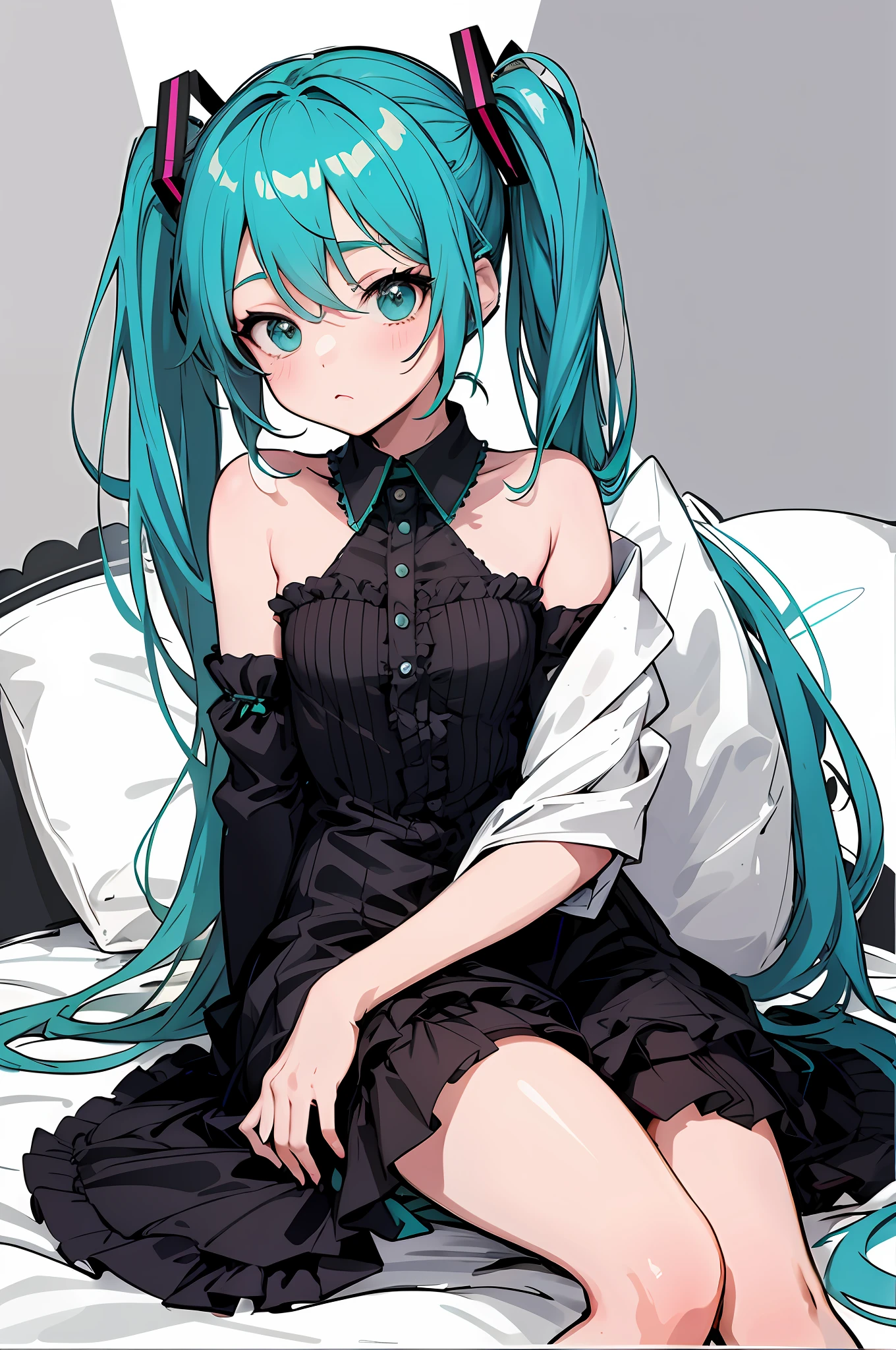 anime girl sitting on a bed with a pillow and a pillow, perfect lineart, thick black lineart, portrait of hatsune miku, hatsune miku portrait, in dress, extremely fine ink lineart, clean lineart, thick lineart, beautiful line art, hatsune miku, small curvy loline art!!, black and white manga style