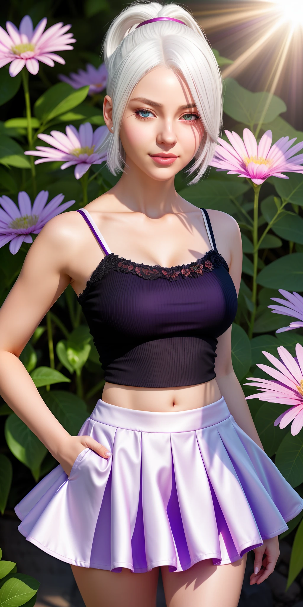 realistic, 1girl, white hair, purple eyes, glowing eyes, crop top, skirt, parted lips, blush, night, flowers, sun, sunlight,
