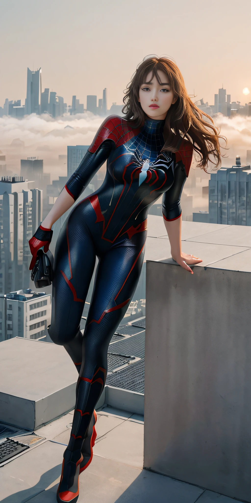 (1girl:1.3), Solo, ((Very detailed face)))), ((Very detailed eyes and face)))), Beautiful details eyes, Body parts__, Official art, Boob plumpness, Unified 8k wallpaper, Super detailed, Beautiful and beautiful, Beautiful, Masterpiece, Best Quality, Original, Masterpiece, Super Fine Photo, Best Quality, Ultra High Resolution, Realistic Realism, Sunlight, Full Body Portrait, Amazing Beauty, Dynamic Pose, Delicate Face, Vibrant Eyes, (from the front), she is wearing a Spider-Man suit, red and black color scheme, spider, very detailed city roof background, rooftop, overlooking the city, detailed face, detailed complex busy background, messy, gorgeous, milky white, highly detailed skin, realistic skin details, visible pores, clear focus, volumetric fog, 8k uhd, DSLR, high quality, film grain, fair skin, photo realism, lomography, futuristic dystopian giant metropolis, translucent