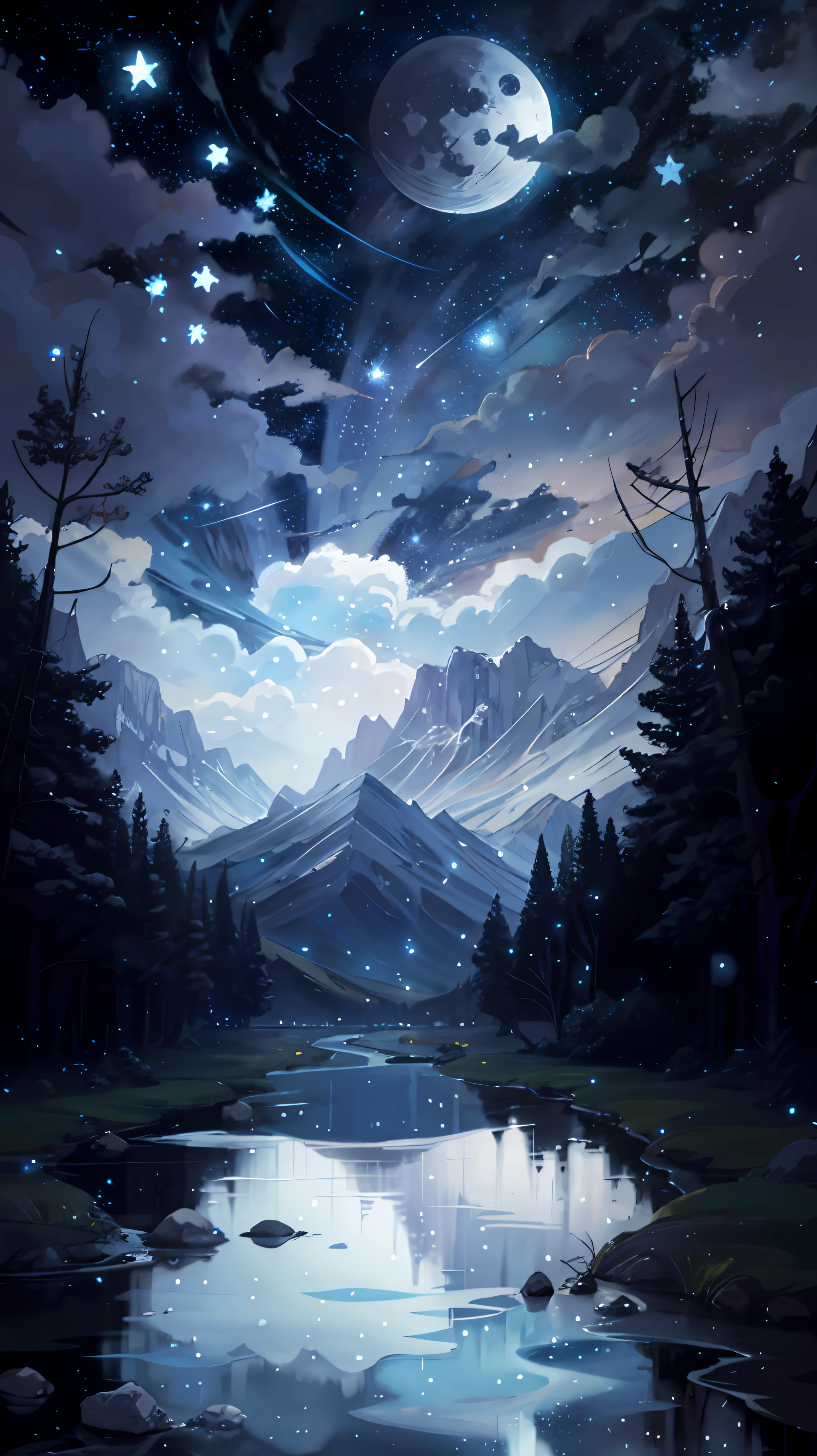 A painting of a river with stars and moon in the sky, concept art inspired by Tosa Mitsuoki, pixiv contest winner, best quality, fantasy art, beautiful anime scene, a bright moon, moonlit starry environment, dream painting, Anime Background Art, Fantasy Landscape Art, Fantasy Night, Anime Background, Background Artwork, Fantastic Art, Atmospheric Anime, Starry Sky, Detail Enhanced.