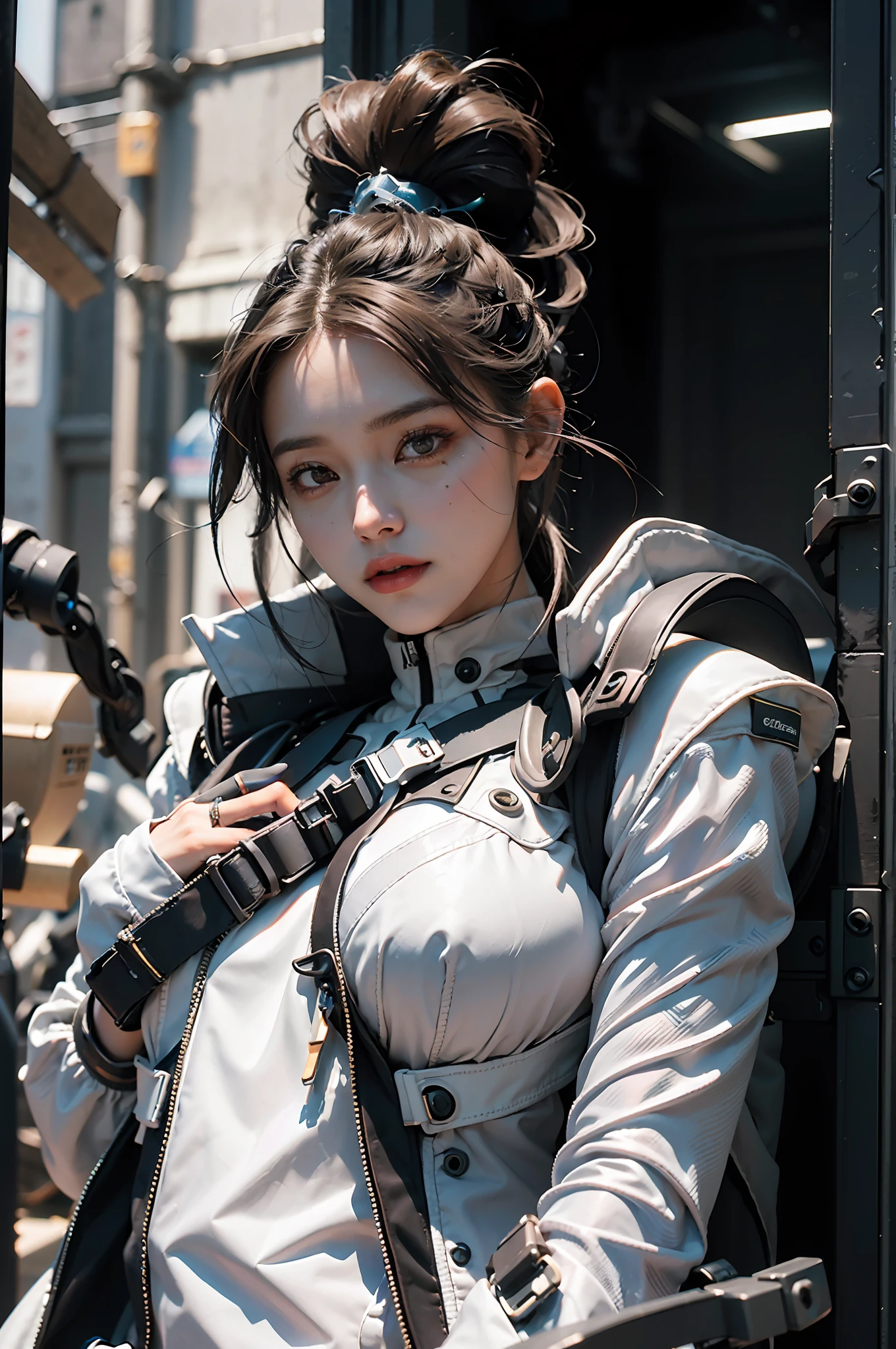 ((Best quality)), ((masterpiece)), (detailed:1.4), 3D, an image of a beautiful cyberpunk black female with braids on head,HDR (High Dynamic Range),Ray Tracing,NVIDIA RTX,Super-Resolution,Unreal 5,Subsurface scattering,PBR Texturing,Post-processing,Anisotropic Filtering,Depth-of-field,Maximum clarity and sharpness,Multi-layered textures,Albedo and Specular maps,Surface shading,Accurate simulation of light-material interaction,Perfect proportions,Octane Render,Two-tone lighting,Wide aperture,Low ISO,White balance,Rule of thirds,8K RAW, anime - style woman in a white and black outfit with a gun, cyborg merchant girl,