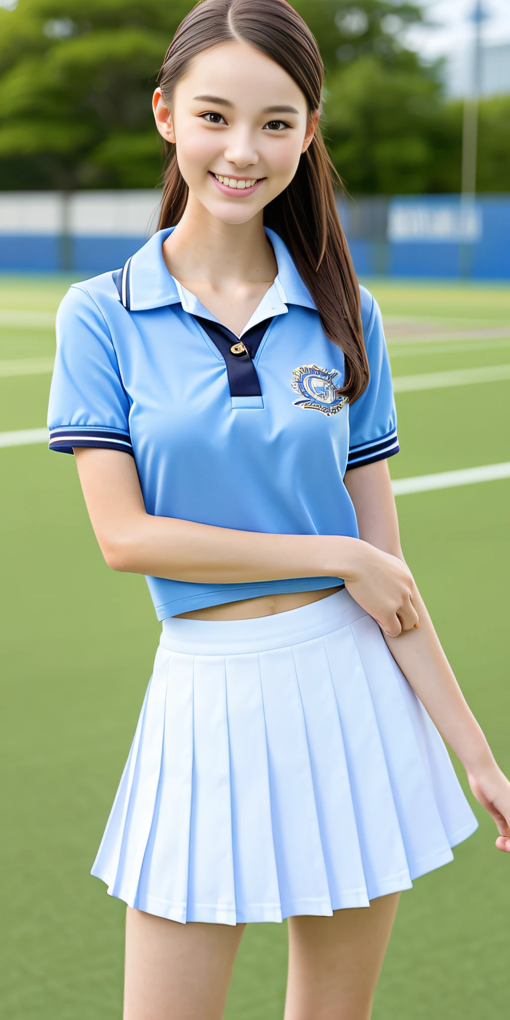 neat college girl, petite person, (school uniform, summer uniform, short sleeve), outside the athletic field, (slim), photorealistic, detail, skin texture, ultra detail, delicate and sexy collarbone, smile, super detailed face, detailed lips, detailed eyes, breast enhancement, breast small, small