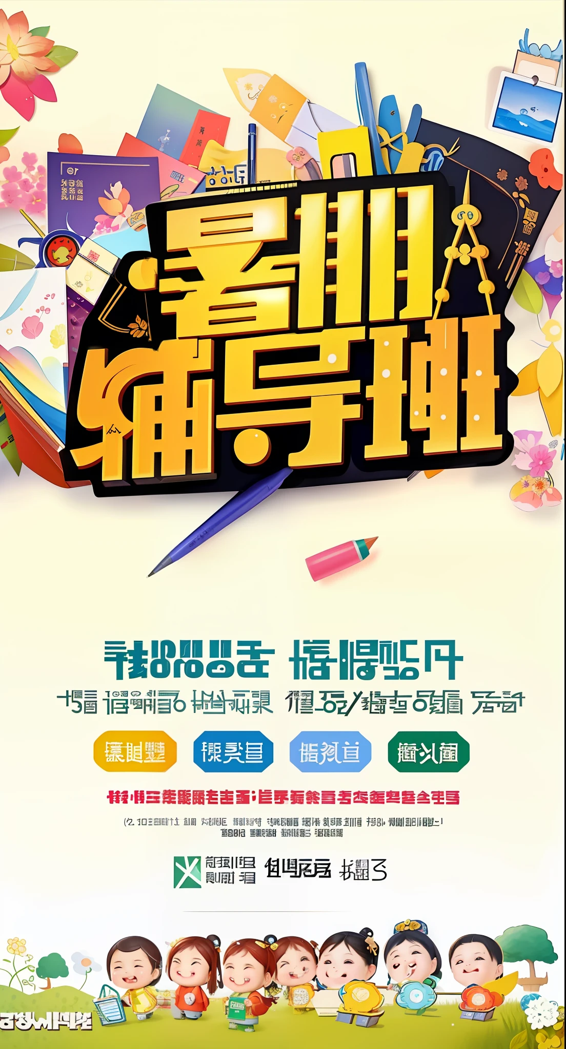 a close up of a poster with children and school supplies, by Yi Jaegwan, poster, by Qu Leilei, 中 元 节, a poster, promotional poster, by Yi Yuanji, 💣 💥, 8 к, 千 葉 雄 大, group photo, 5 e, cover