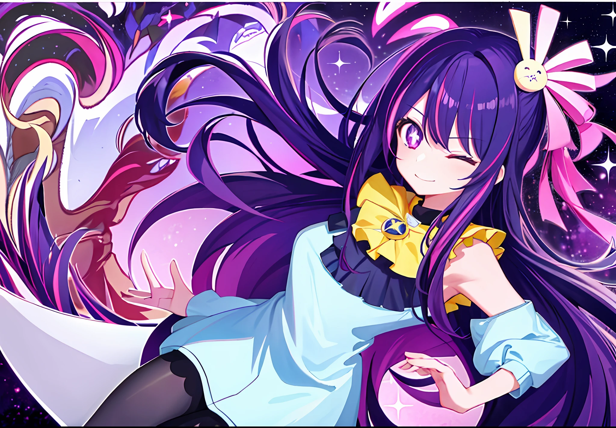 1girl, one eye closed,Hoshino Ai, long hair, purple hair, streaked hair ,purple eyes, star-shaped pupils, hair ornament,