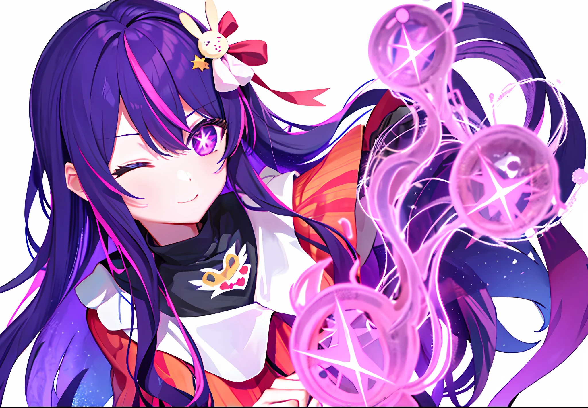 1girl, one eye closed,Hoshino Ai, long hair, purple hair, streaked hair ,purple eyes, star-shaped pupils, hair ornament,