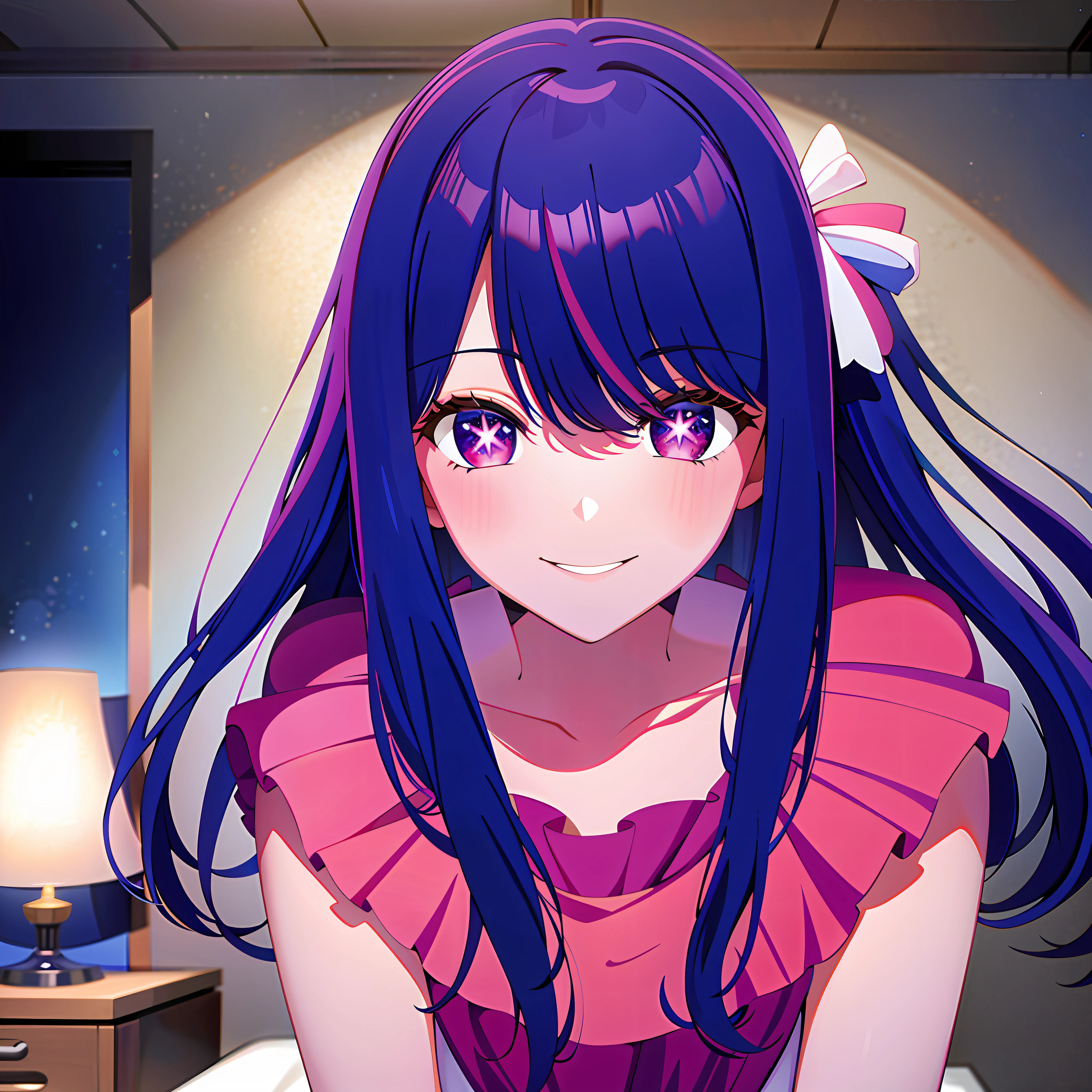 Hoshino Ai, long hair, purple hair, streaked hair ,purple eyes, (star-shaped pupils), hair ornament, 1girl, (masterpiece:1,2), best quality, masterpiece, highres, original, extremely detailed wallpaper, perfect lighting,(extremely detailed CG:1.2),half_body,(happy), smile, indoors, bedroom, medium shot,22-year-old,(Correct perspective relationship),five-toes-feet,(feet details:0.9),