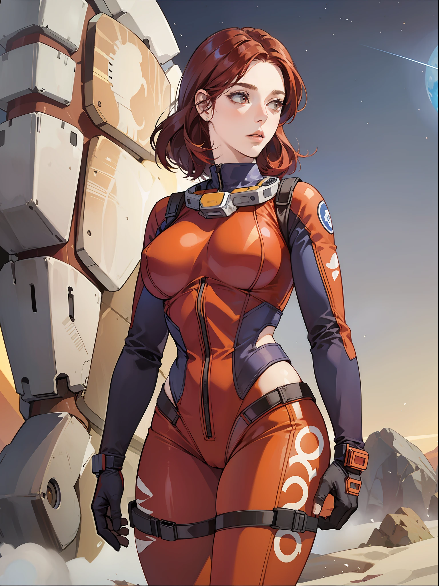 woman 20 years, astronaut, wearing astronaut helmet, beautiful, perfect body, redhead, realistic, red hair, perfect body, predominantly orange color costume, thin waist, full suit, wide hips, large breasts, thick thighs, background Perseverance, martian movie style costume, full astronaut costume, tight suit on body, richness of detail, tight panties marking on the front, red hair,  full body, shaded, head to toe, gun in holster, Mars scenery