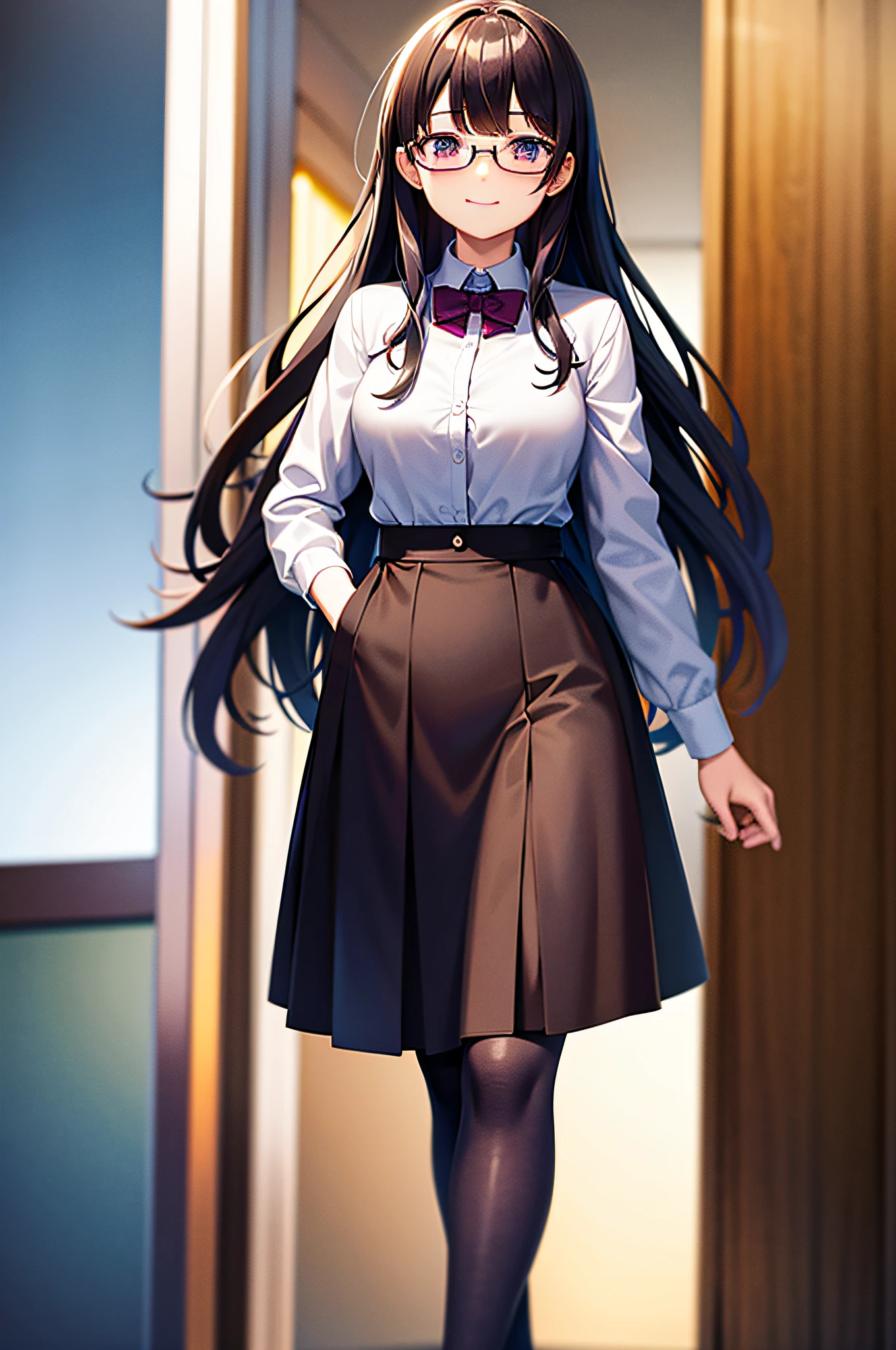 solo, amasawa akari, (Masterpiece:1.2, high quality), (pixiv:1.4), (1girl:1.2), (solo:1.2), medium_face, black long hair down to waist, blunt bangs, purple + long_eyes, smile, Light_face, medium breasts, jacket, formal shirt, long sweater, black long skirt, standing, standing straight, (full body), (blurry background), pharmacy, glasses, retail