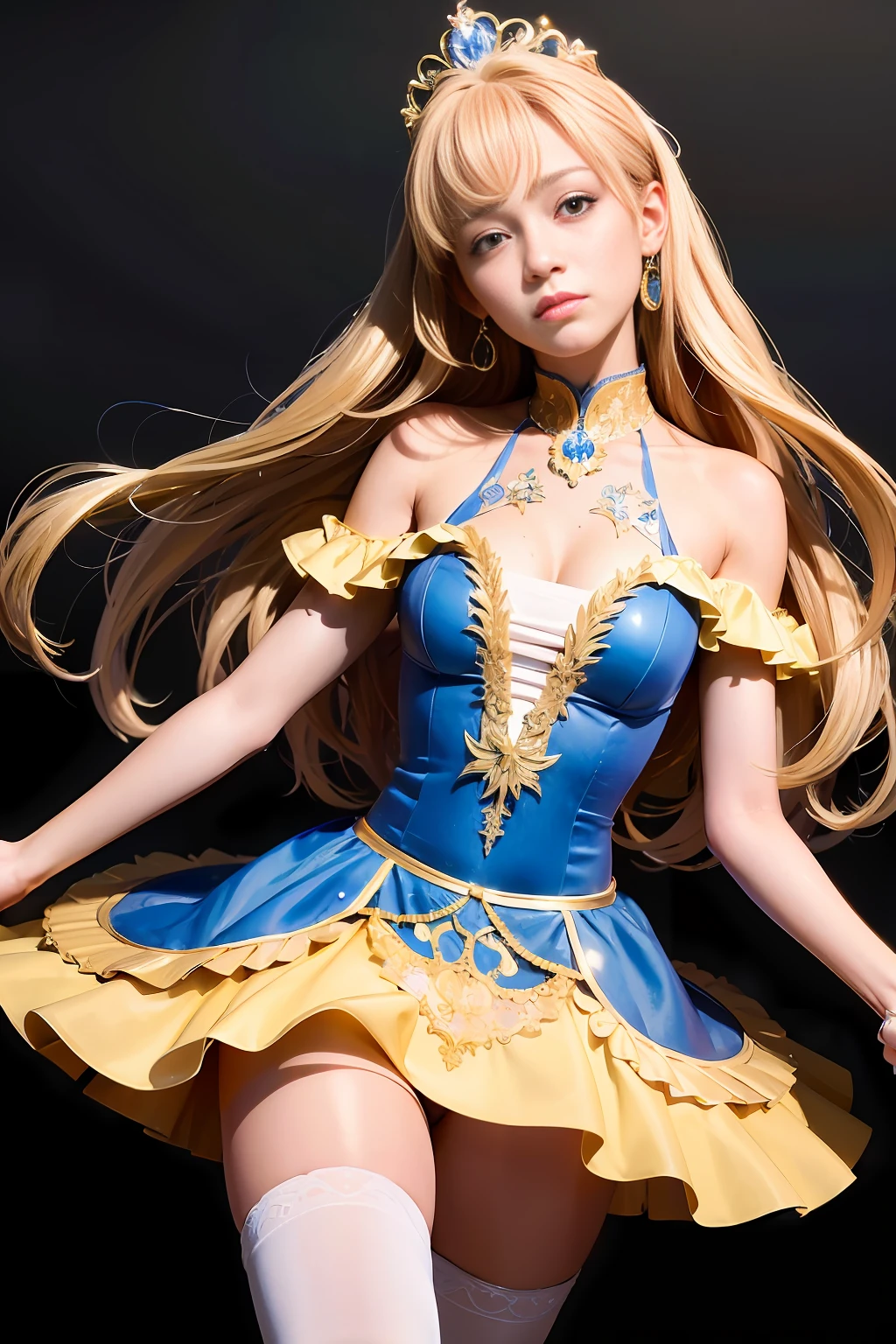 (best quality, 8k, 32k, masterpiece, uhd:1.2), (RAW photo), (realistic:1.15), (photorealistic:1.15), (absurdres, high resolution), (ultra detailed), (huge filesize:1.2), 1girl, (loli:0.4), cute, extremely detailed beautiful face & eyes, cleavage, small face, thin waist, thin thighs, slender body, (cowboy shot:1.15), (sweaty:1.22), bare legs, classical tutu, sapphire tutu, (princess tiara:0.8), Primaballerina_tutu, russian, classical tutu, rooftop, golden hour,