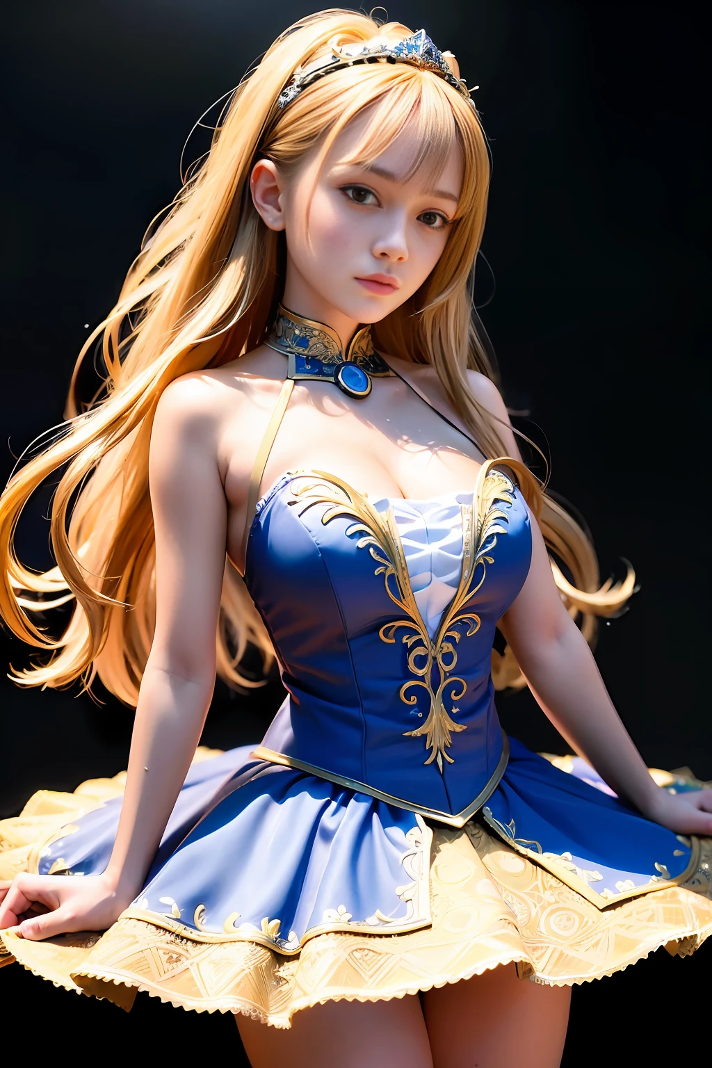 (best quality, 8k, 32k, masterpiece, uhd:1.2), (RAW photo), (realistic:1.15), (photorealistic:1.15), (absurdres, high resolution), (ultra detailed), (huge filesize:1.2), 1girl, (loli:0.4), cute, extremely detailed beautiful face & eyes, cleavage, small face, thin waist, thin thighs, slender body, (cowboy shot:1.15), (sweaty:1.22), bare legs, classical tutu, sapphire tutu, (princess tiara:0.8), Primaballerina_tutu, russian, classical tutu, rooftop, golden hour,