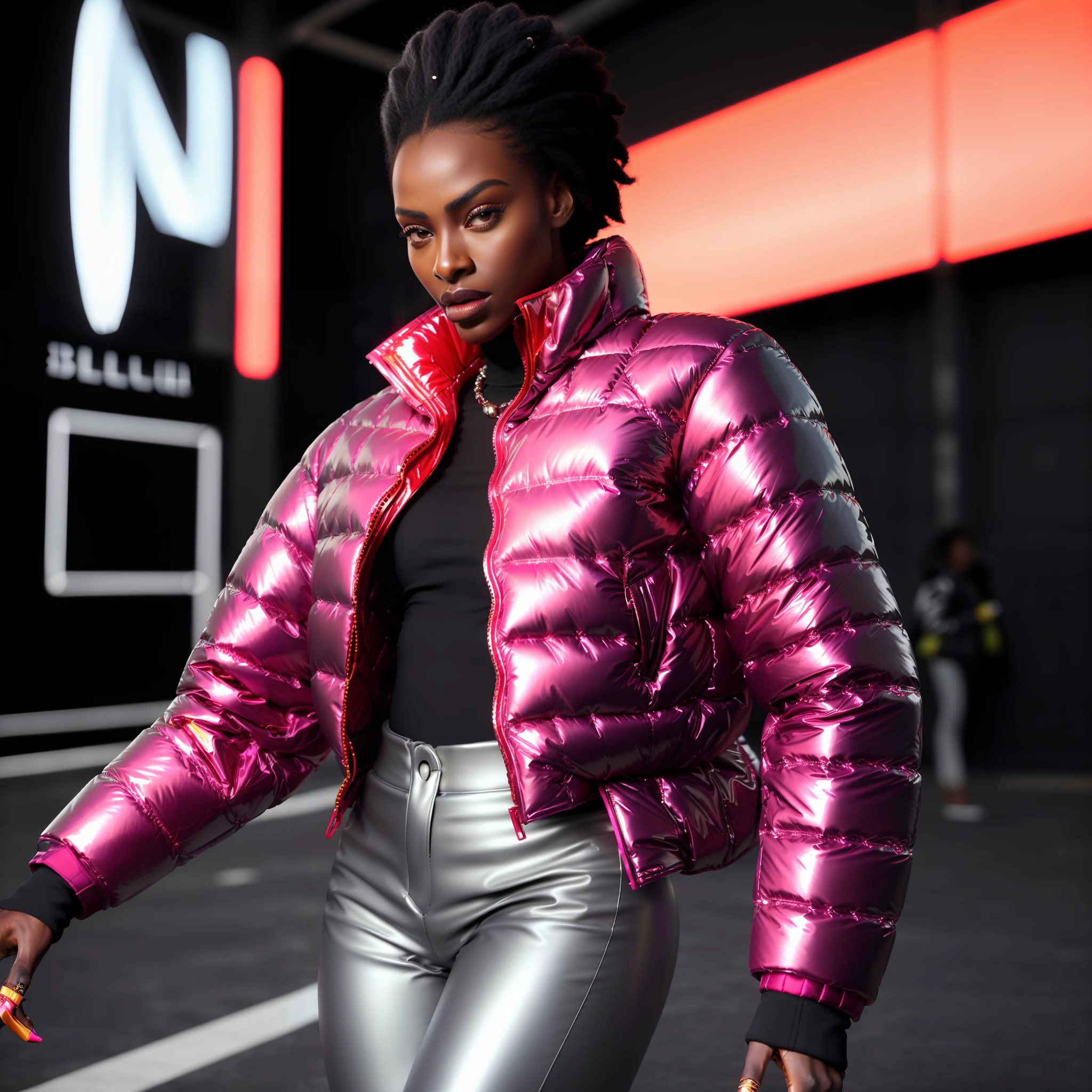 ((( an ultra realistic woman, black skin, parading elegant))) with perfect Sudanese African facial features, stylish afro hair detailed in ultra detailed, perfect nails, with nice expression, wearing oversized style pants, (((Balenciaga puffer style jacket oversized:1.5 ultra definition red))) (((vivid color red jacket, neon, metallic, reflective)))), parading on runway, towards the camera, (bring fashion show environment, parade background,ultra realistic) high fashion show, best quality, top quality, image masterpiece, high resolution photography, captured from parade angle.