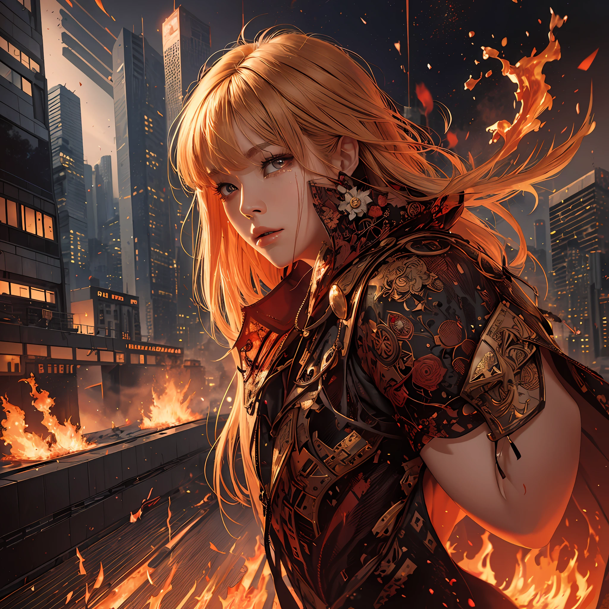 Masterpiece, ultra-detailed, 8k resolution, background is a crimson ruin, fire fills the city, a blonde girl with tears in her eyes.
