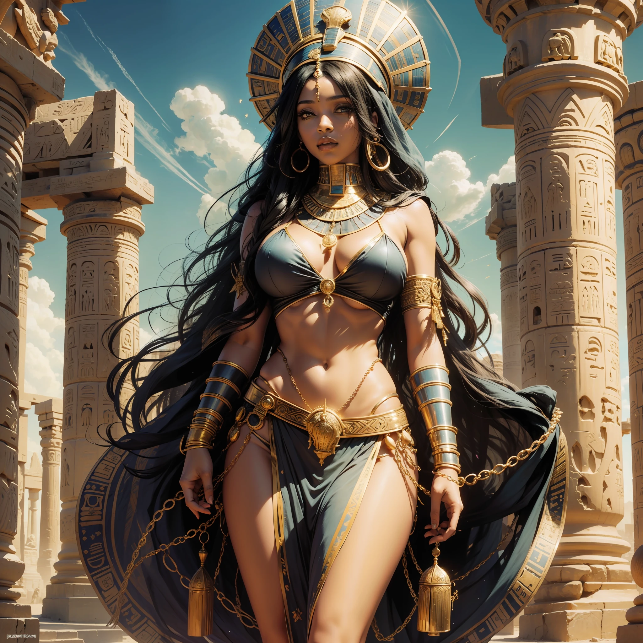 a young black woman, with afro hair, who wears veils and jewelry from ancient Egypt, with a perfect body, large breasts. She is wearing clothes typical of the time of the pharaohs. The design is in a general plan, with the background being ancient Egypt, with hieroglyphics and details of the wealth of the time. The desert and the sun are in the background. The drawing is realistic and shaded and shows the woman drawn from head to toe.