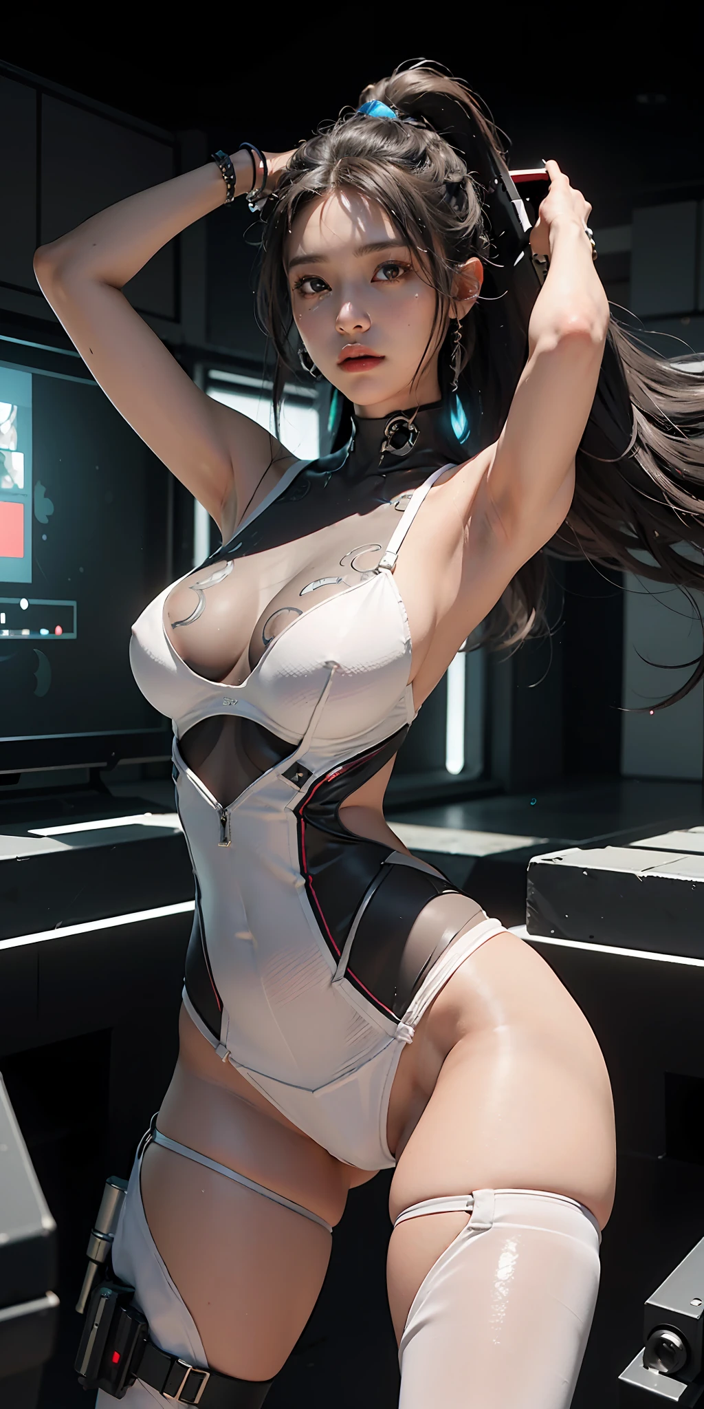 ((Best quality)), ((masterpiece)), (detailed:1.4), 3D, an image of a beautiful cyberpunk black female with braids on head,HDR (High Dynamic Range),Ray Tracing,NVIDIA RTX,Super-Resolution,Unreal 5,Subsurface scattering,PBR Texturing,Post-processing,Anisotropic Filtering,Depth-of-field,Maximum clarity and sharpness,Multi-layered textures,Albedo and Specular maps,Surface shading,Accurate simulation of light-material interaction,Perfect proportions,Octane Render,Two-tone lighting,Wide aperture,Low ISO,White balance,Rule of thirds,8K RAW, anime - style woman in a white and black outfit with a gun, cyborg merchant girl,