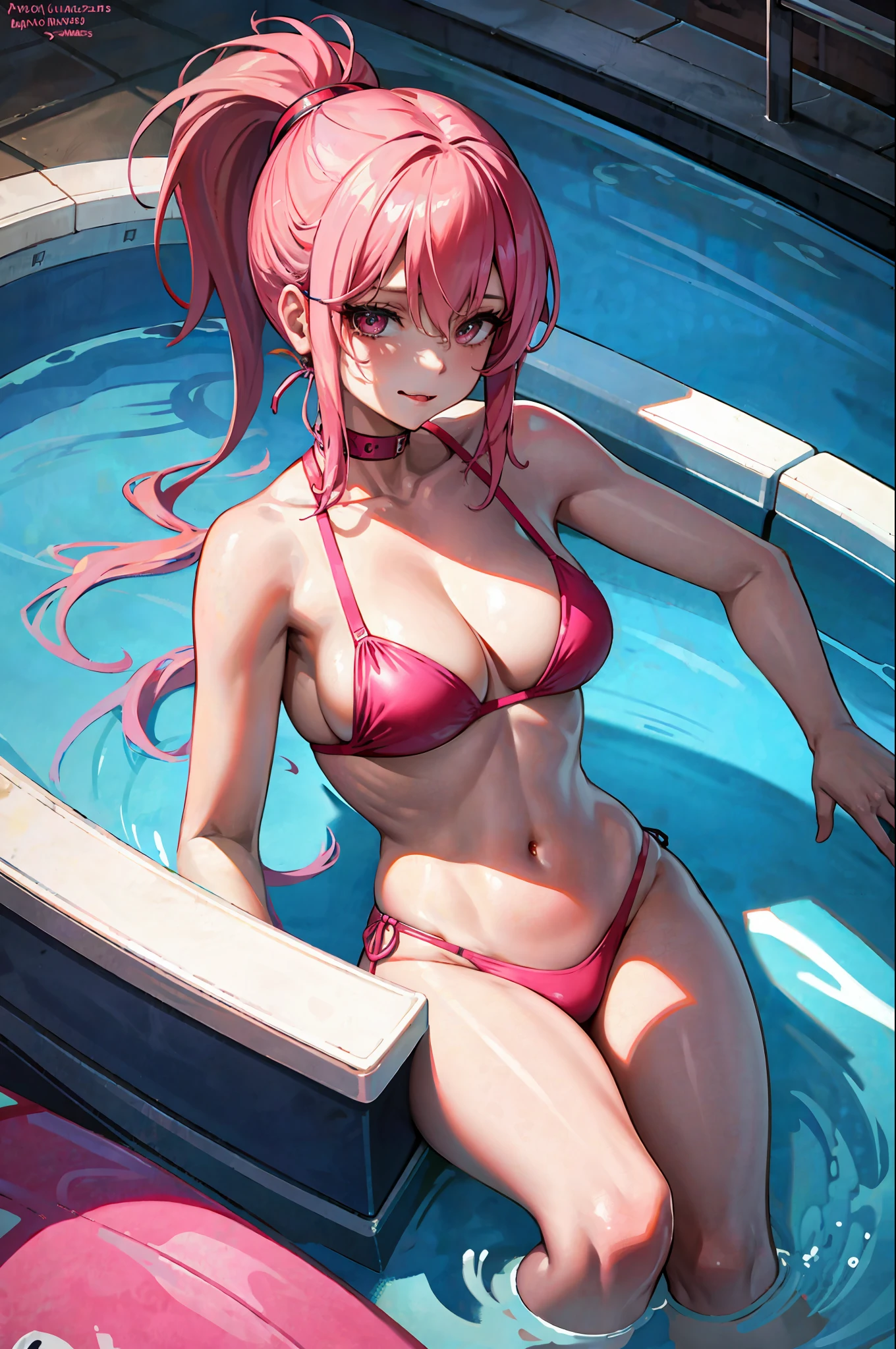 Young woman, lying on the buoy, background pool. wearing a pink bikini, which highlights her sculptural body, with a slim waist and a sensual look. pink hair, hair tied ponytail, She has a nose piercing and a rosy mouth that catches the eye. showing the tongue, The drawing is detailed, showing every curve of the woman's body, hentai drawing style