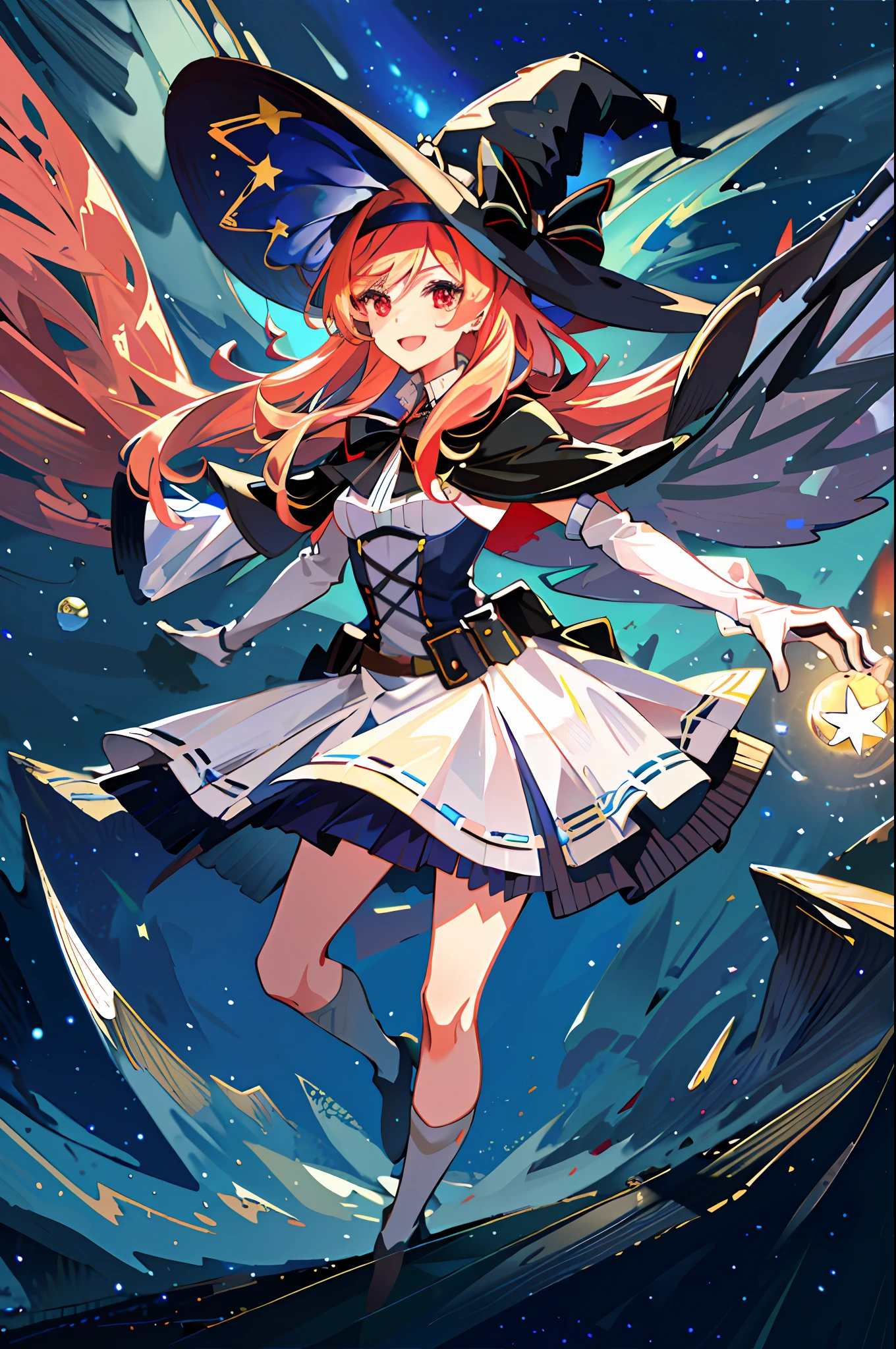 ((masterpiece:1.2, best quality)), 1girl, solo, (witch hat), blonde, long hair, skirt, aurora, night, stars (sky), gloves, sky, white dress, night sky, mouth open, starry desert, red eyes, ribbon, long hair, white skirt, smile, headband, cape, Redhead, (Apple), Magic, Spell Casting, Dusk, (Impressionism: 1.4), (Tarot: 1.3), Al François Muya,