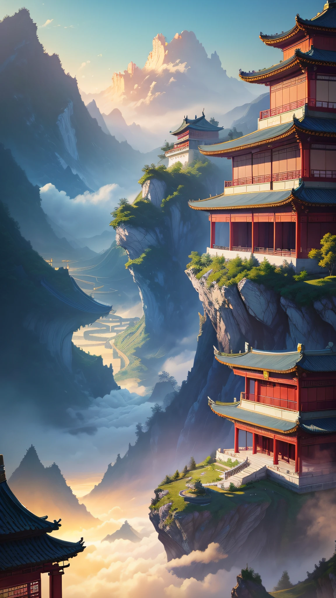 Real scene, ancient Chinese palace located above the clouds, capital of the continent of Atlantis, magnificent, glazed tiles, colorful light, , masterpiece, high quality, exquisite graphics, high detail: