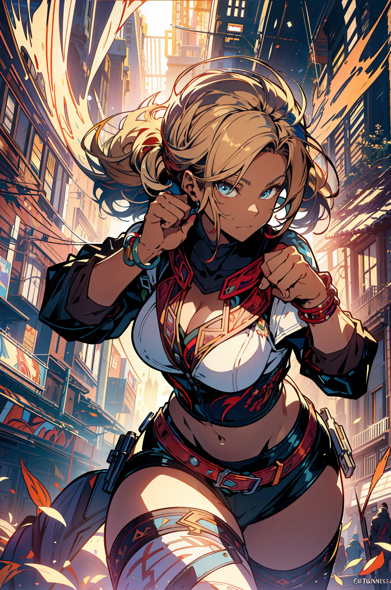 ::Kennedy and Daniel Sampere::2.0 Anime man illustration style, tatoon style, comic book style, , ultra detailed and in various full-body attack poses, (beautiful and clear background: 1.2),, fantastic paintings, graffiti style, flowers, highly detailed eyes, with a blouse underneath, with both fists in fighting position, and bracelets, fighting an enemy,  with black hair, stained glass, outside, vibrant, alphonse mucha style, fantastic paintings by Joe Madureira, high quality, art, Ashley Graham Beautiful man with long red hair, freedom, soul, digital illustration, comic style, perfect anatomy, centered, approaching perfection, dynamic, highly detailed, watercolor painting, artstation, concept art, smooth, s (masterpiece, extremely_detailed_CG, 8k_wallpaper:1.2),  serafuku black, dark skinned, white hair, sailor's collar, midriff, abs, _A_and_B, has blonde twintails and blue eyes, {masterpiece}, {extremely detailed}, Bgirl has short black hair and red eyes