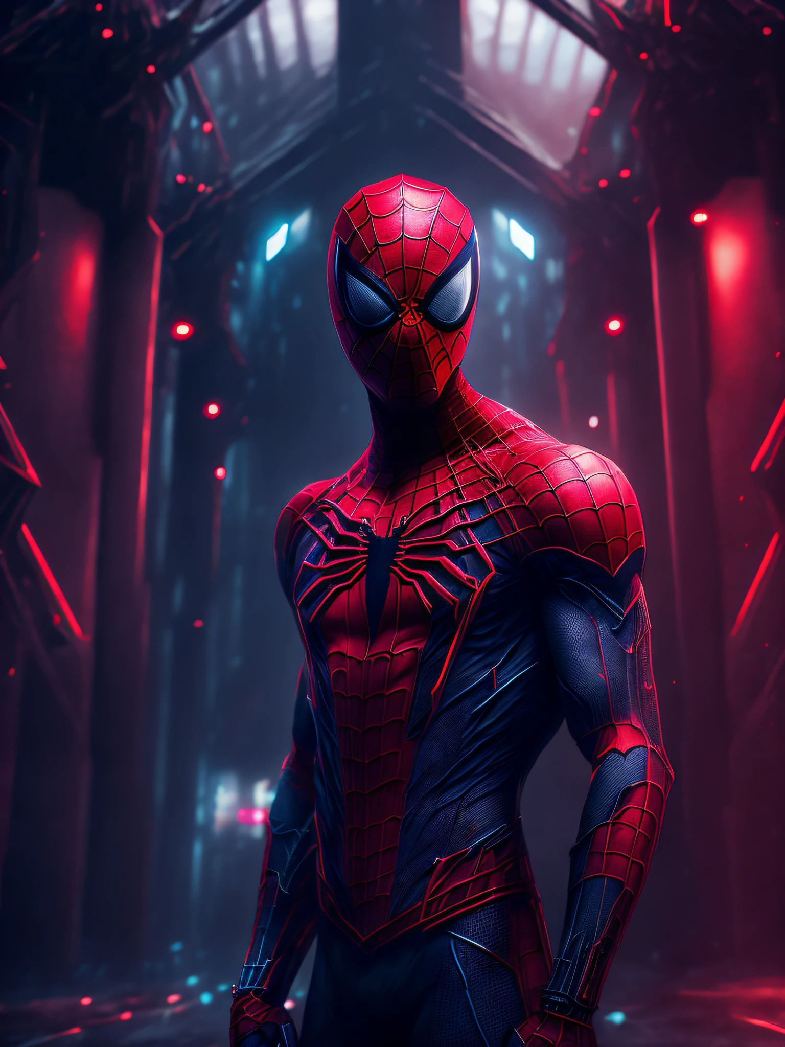 gloomy portrait of Bloody Spider-Man from Marvel with intricate angular cybernetic implants inside a brutalist building, gothic brutalist cathedral, cyberpunk, award-winning photo, bokeh, neon lights, cybernetic limb