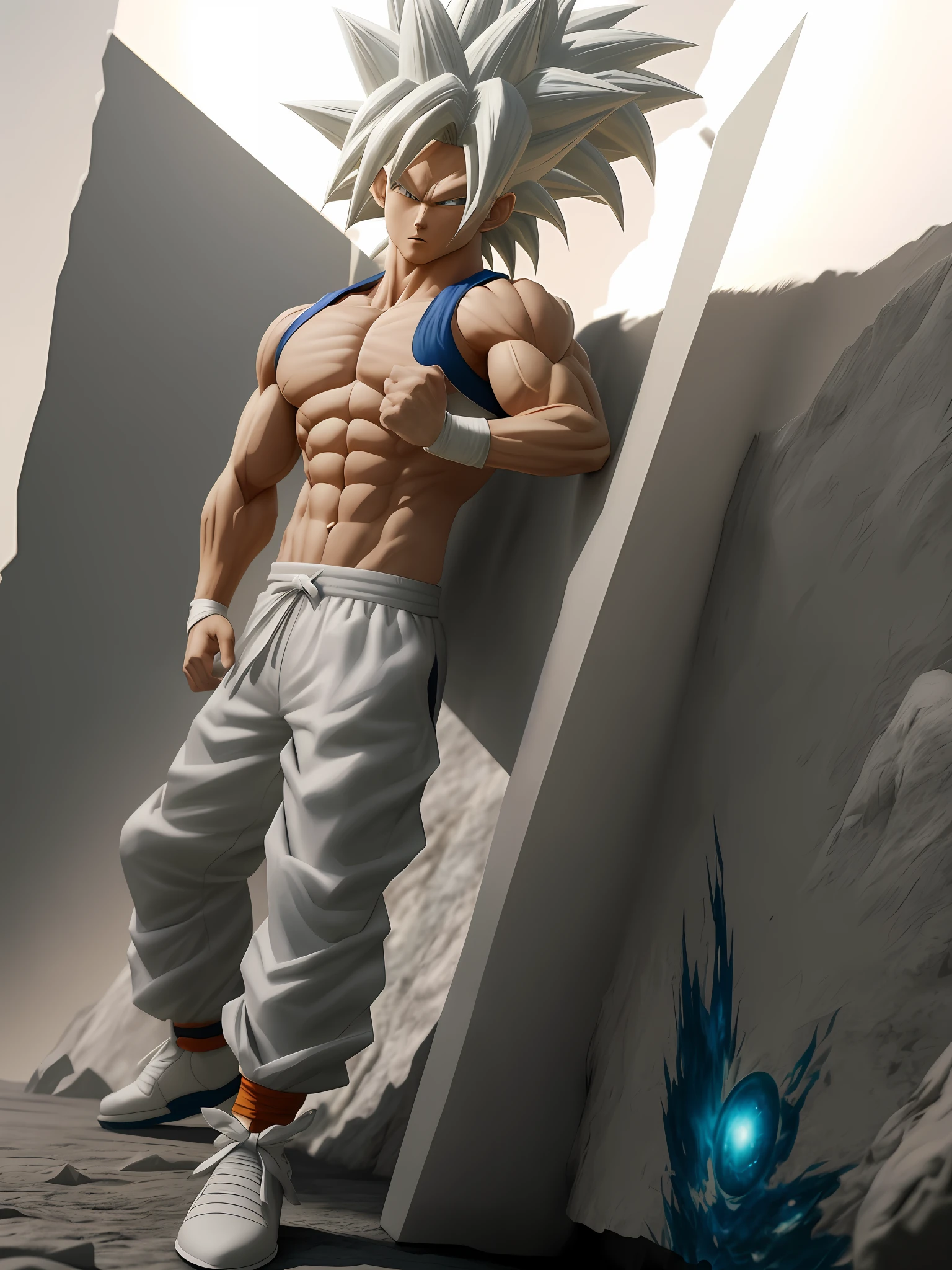 Goku, super saiyan, exquisite hair, arm depiction, white and blue hair body, exquisite shoes, eye depiction, exquisite hair, popmart blind box, clay texture, stepping on the land, black and white background, natural lighting, most good quality, super detail, 3D art, c4d, OC renderer, 3D rendering, 8k