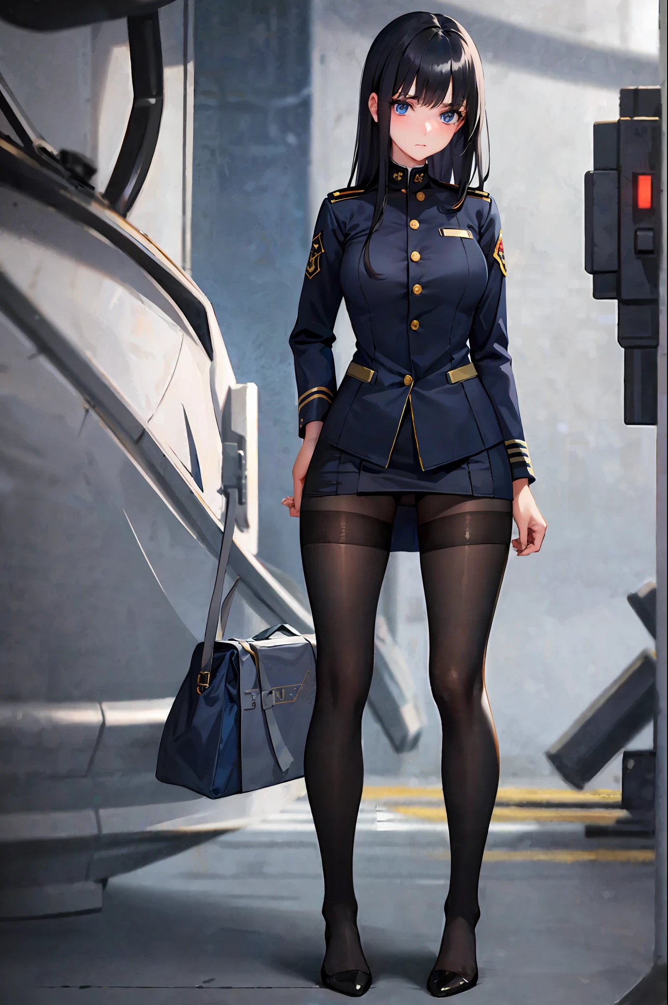 young girl, navy, blue eyes, black hair, pantyhose, no panties, bottom-up photo, detailed, navy uniform, military ship background, white military uniform, full uniform, beautiful, hentai style, hair stuck, doing continence, standing