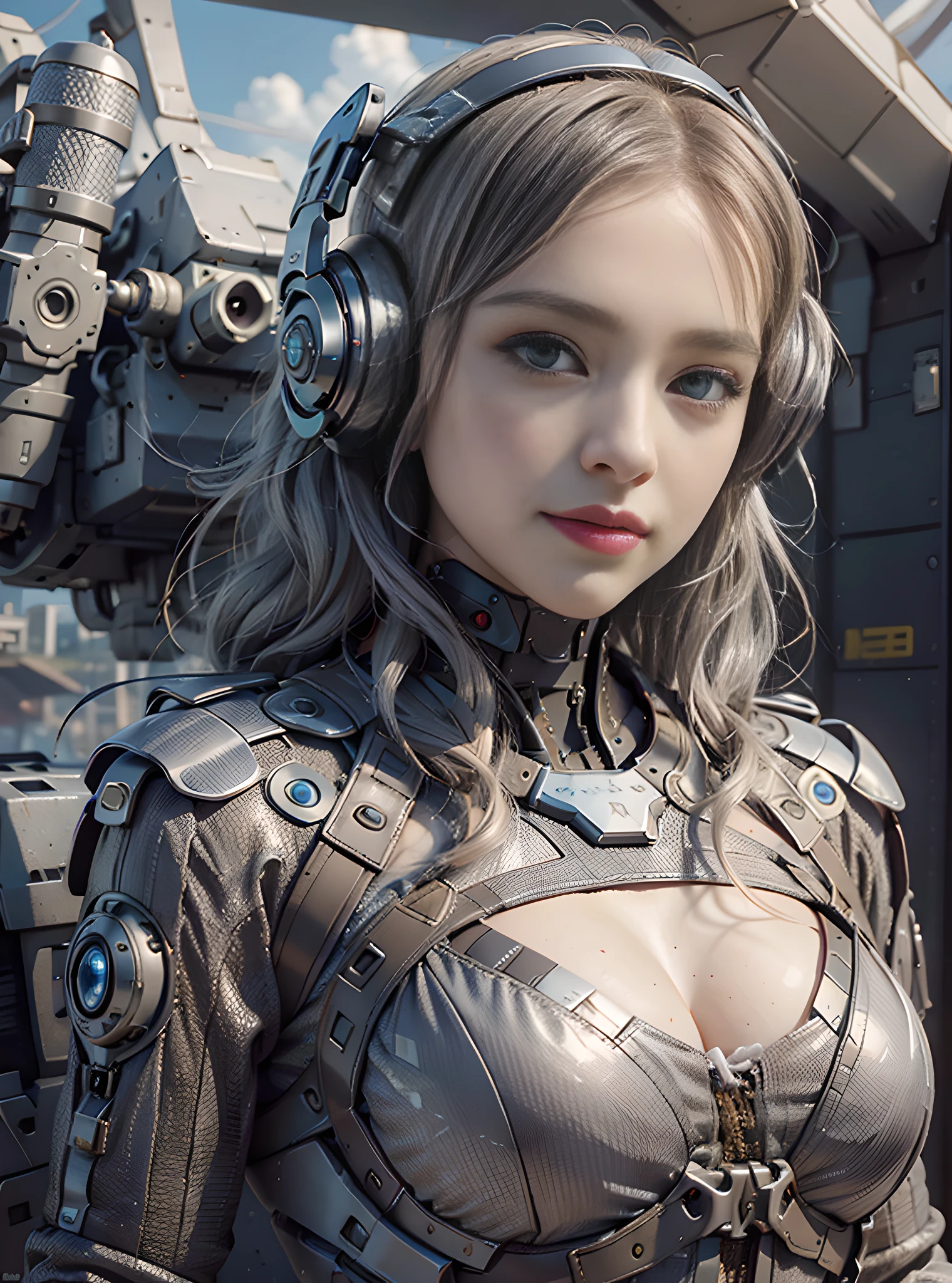 8K, best quality, masterpiece, super high resolution, (realism: 1.4), girl futuristic suit, in the sky, in cockpit, on the clouds, air battle, falling plane, mechanically built bird, real woman, cleavage, real face, cute girl, smile, perfect cyborg girl wearing sci-fi headphones, beautiful female , beautiful girl cyborg, silver hair, manipulator, CG,