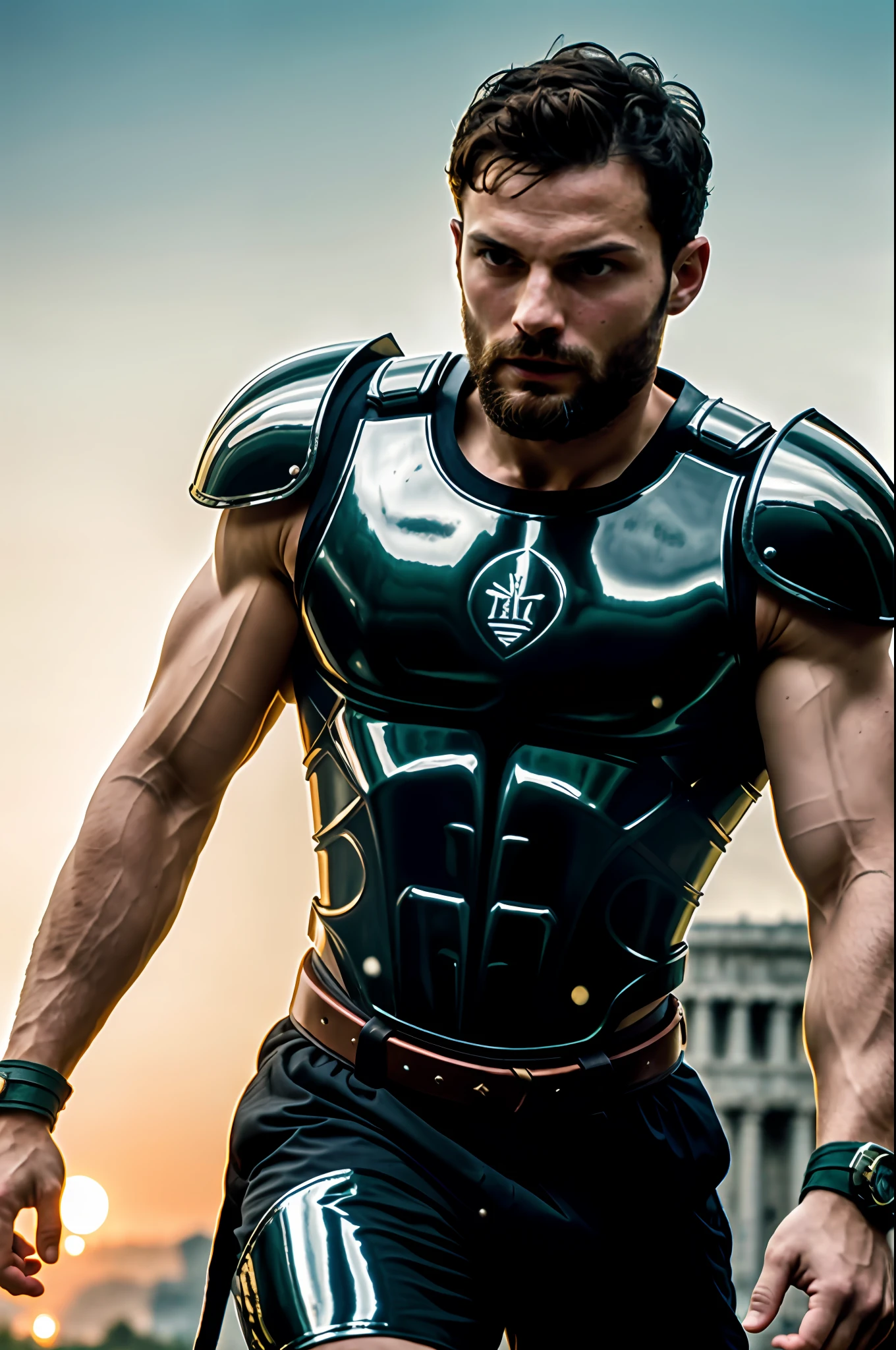 create a spartan), Greek God style, wearing Spartan armor, strong and muscular, Jamie Dornan, strong and muscular, (Moreno with model face), wearing dark beard, dark short hair, man similar to actor jamie dornan, (high quality and realistic image), sparta city background, cinematic style, ((Best quality, 8k, Masterpiece).