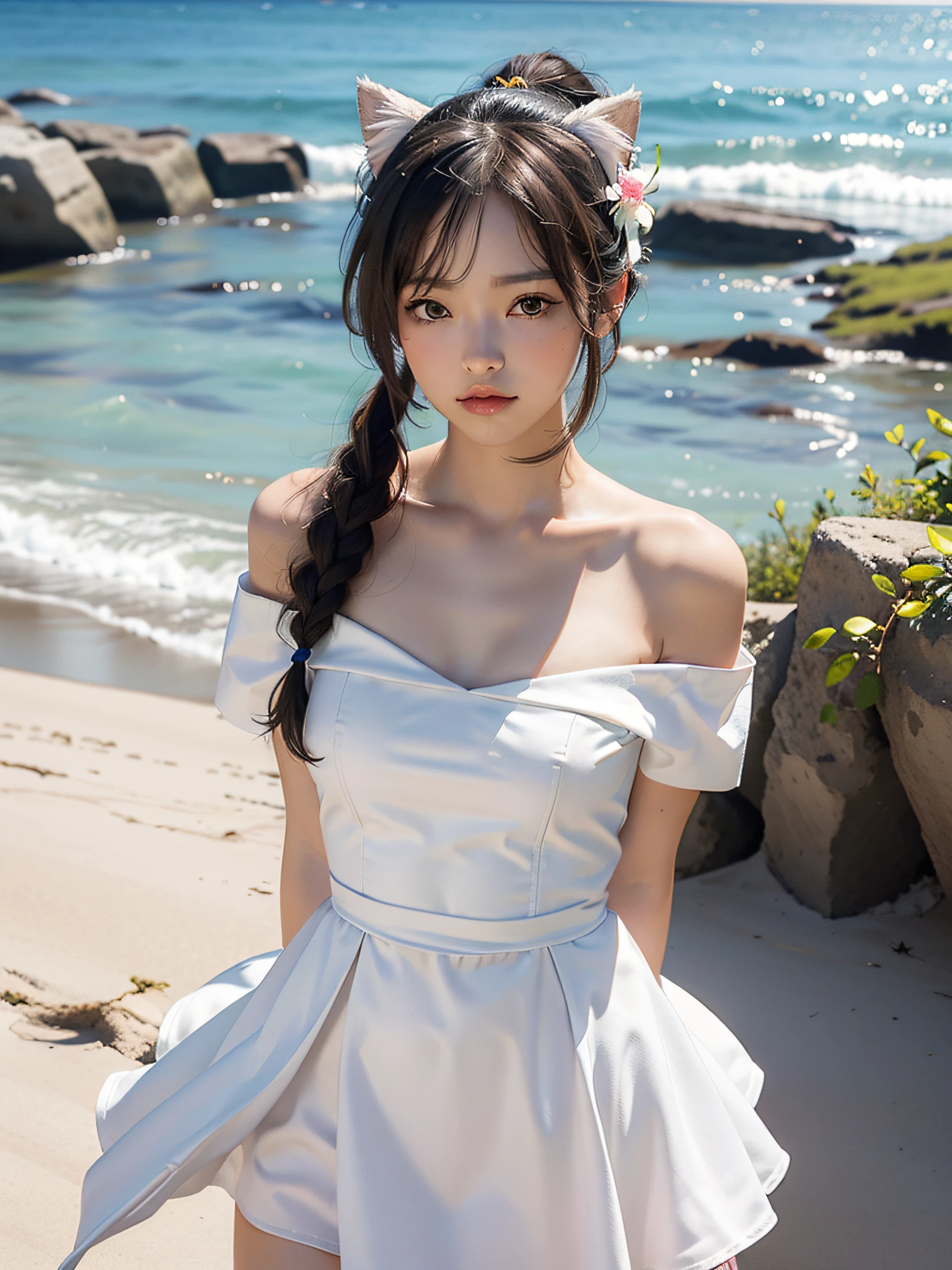 masterpiece, best quality, high resolution, LH1, cat ears ,hair flower, ponytail, white dress, bare shoulders, collarbone, short sleeve, beach, cowboy shot, arms behind back,
