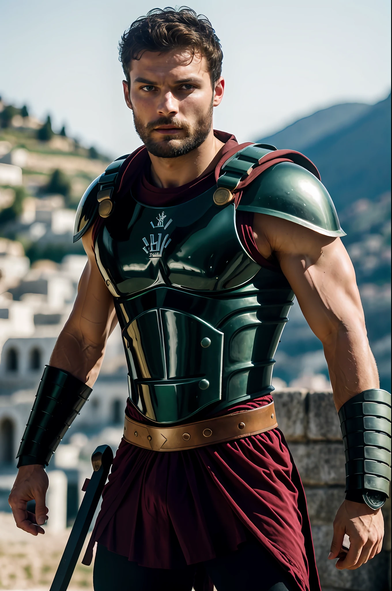 create a spartan), Greek God style, wearing Spartan armor, strong and muscular, Jamie Dornan, strong and muscular, (Moreno with model face), wearing dark beard, dark short hair, man similar to actor jamie dornan, (high quality and realistic image), sparta city background, cinematic style, ((Best quality, 8k, Masterpiece).