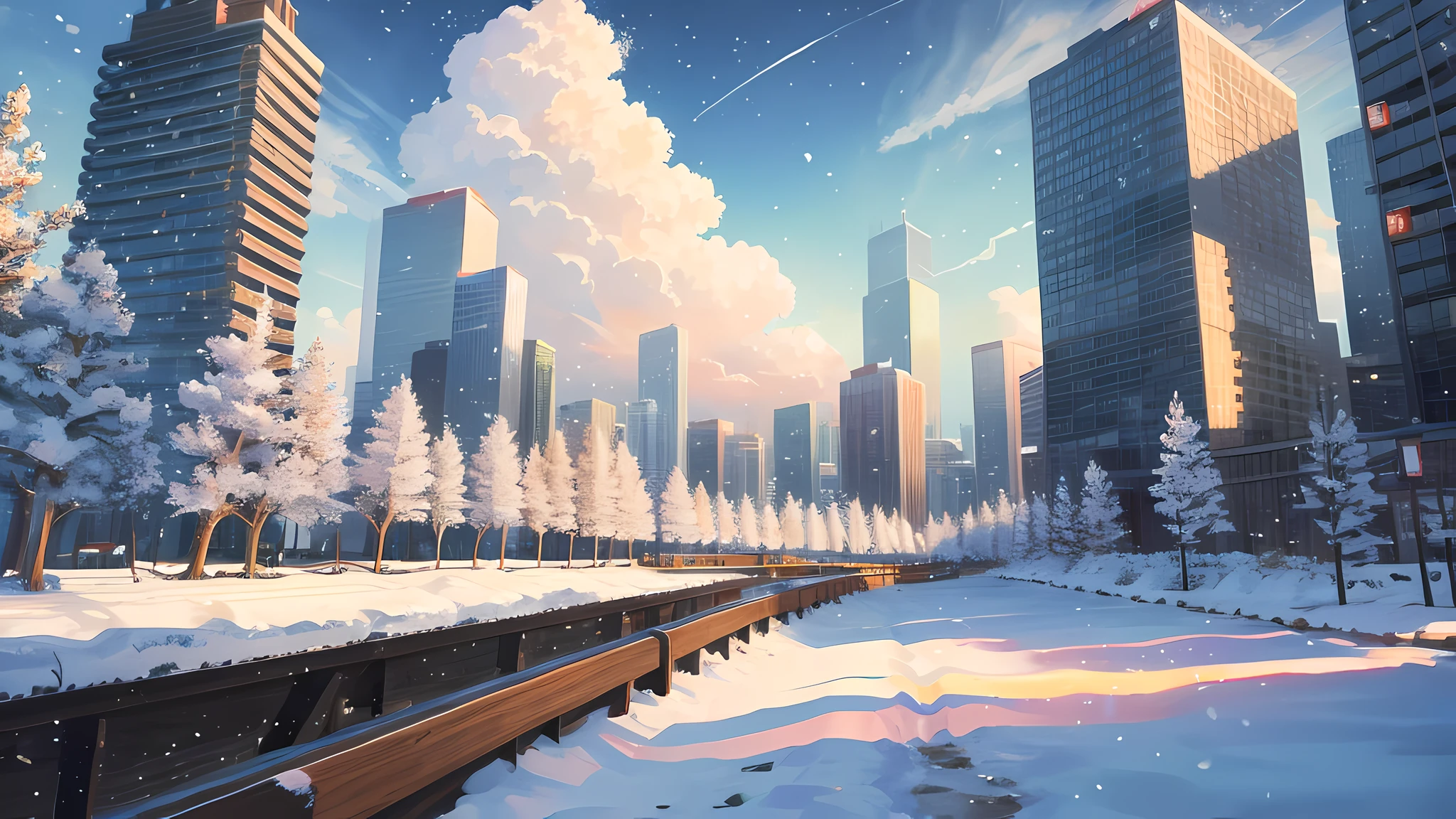 Scenery , City , Snowing , Winter Season , Sky , Day , shooting stars in the sky , Sun , Breeze