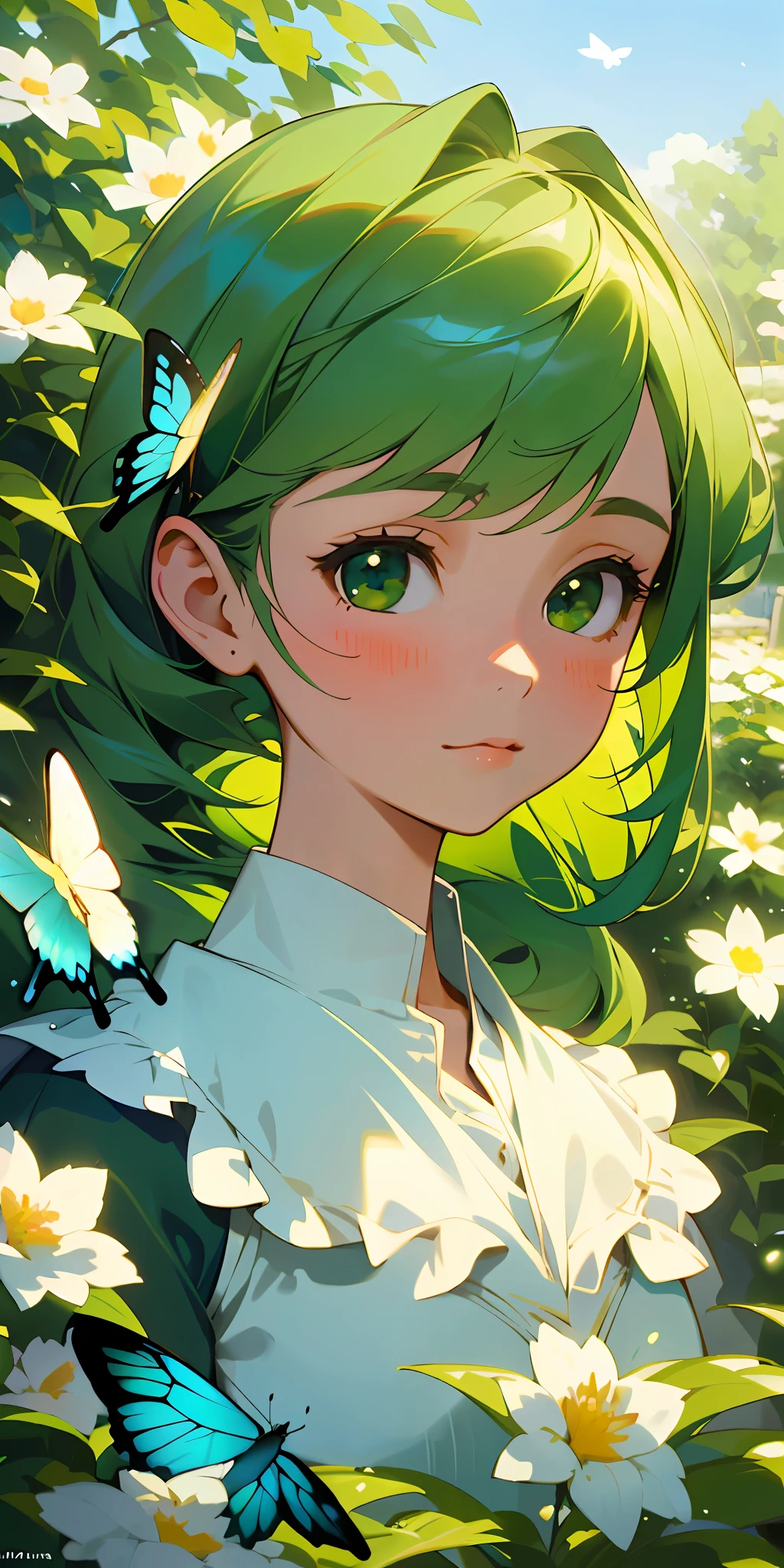 (Best quality, masterpiece, hyper-realism), 1 beautiful and delicate portrait of a girl with a soft and peaceful expression, background scenery with garden with flowers and butterflies flying around, green hair.