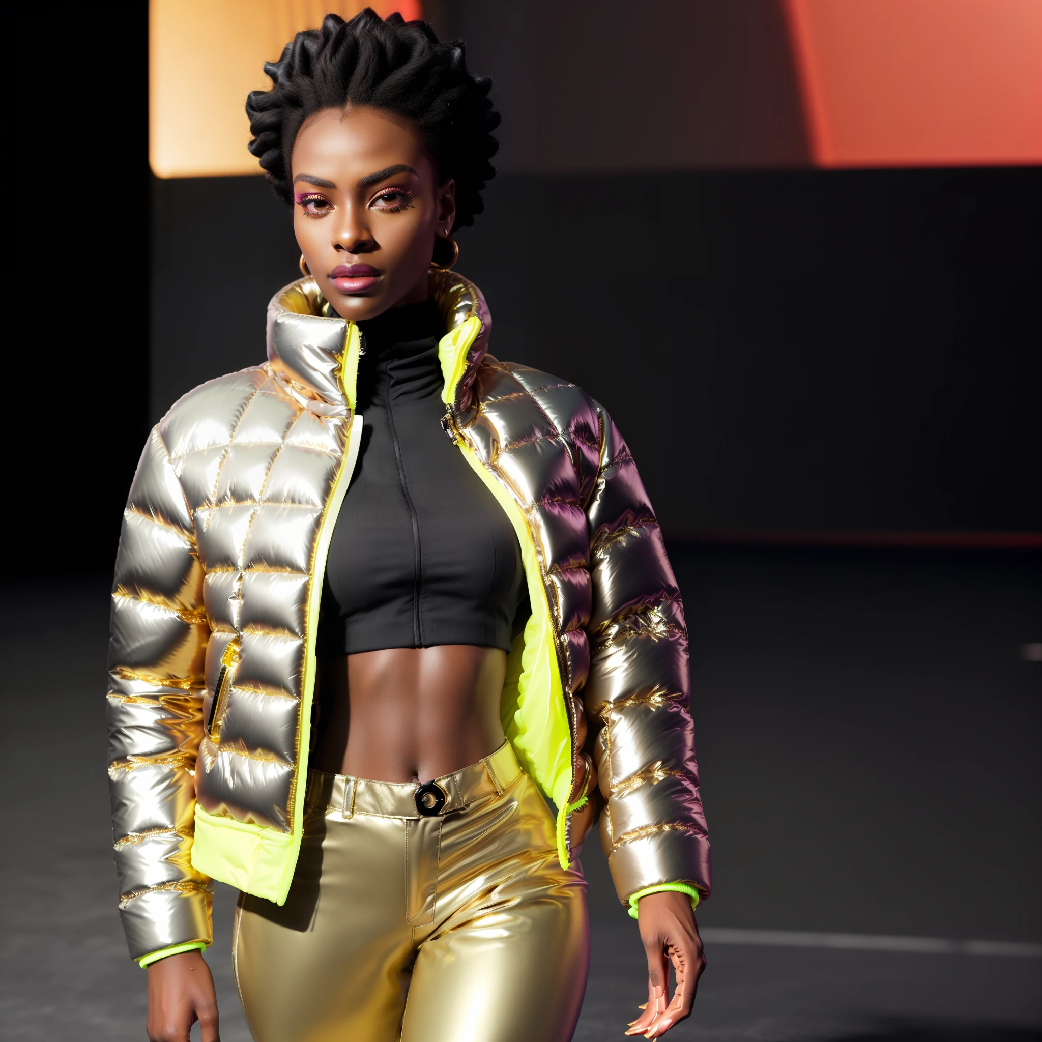 ((( an ultra realistic woman, black skin, parading elegant))) with perfect Sudanese African facial features, stylish afro hair detailed in ultra detailed, with nice expression, wearing oversized style pants, (((Balenciaga puffer style jacket oversized:1.5 ultra definition gold))) ((((vivid color red jacket, neon, metallic, reflective))), parading on runway, towards the camera, (bring fashion show environment, parade background,ultra realistic) high fashion show, best quality, top quality, image masterpiece, high resolution photography, captured from parade angle.