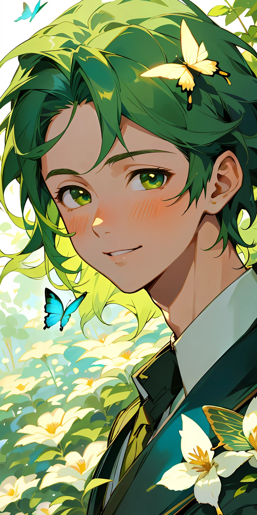 (Best quality, masterpiece, hyper-realism), 1 handsome and cheerful portrait of a boy with a soft and peaceful expression, background scenery with garden with flowers and butterflies flying around, green hair.