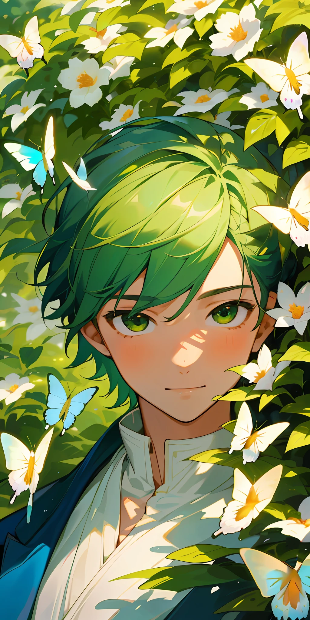 (Best quality, masterpiece, hyper-realism), 1 handsome and cheerful portrait of a boy with a soft and peaceful expression, background scenery with garden with flowers and butterflies flying around, green hair.