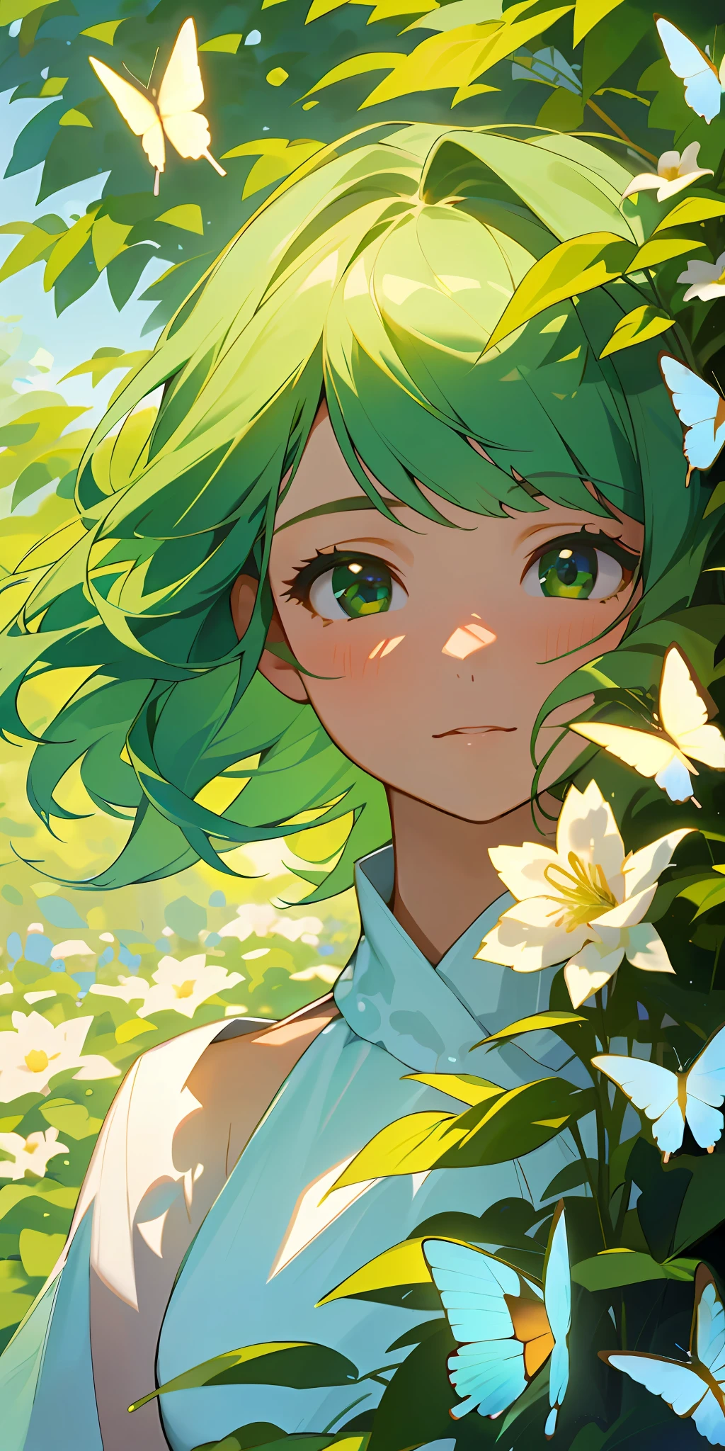 (Best quality, masterpiece, hyper-realism), 1 beautiful and delicate portrait of a girl with a soft and peaceful expression, background scenery with garden with flowers and butterflies flying around, green hair.